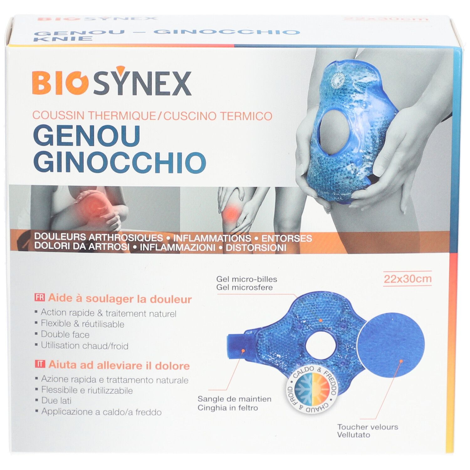 Verpackung mit BIOSYNEX Knie-Wärmekissen. Produktabbildung, Produktname, Größenangabe 22x30cm, Illustrationen.