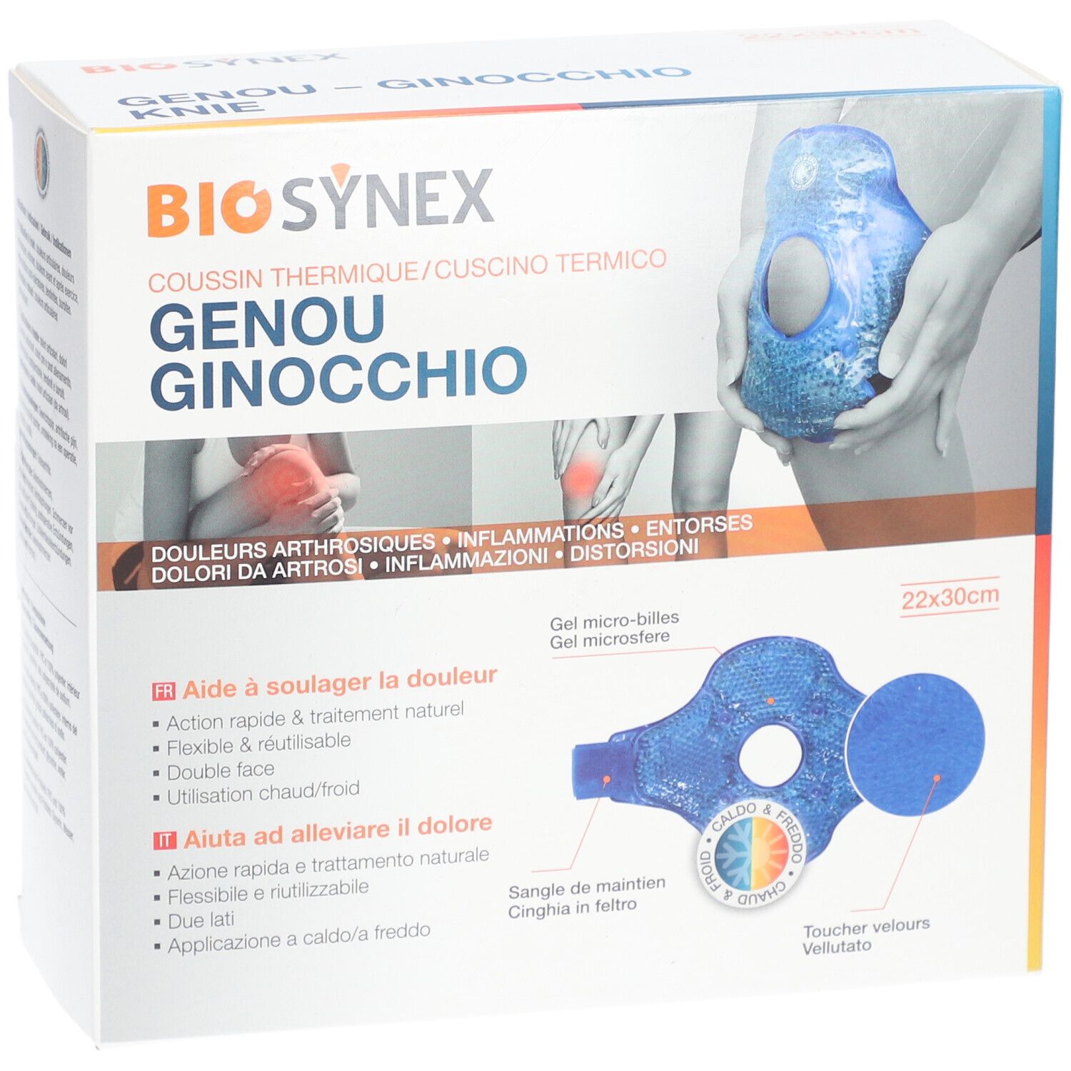 Verpackung mit BIOSYNEX Knie-Wärmekissen. Produktabbildung, Produktname, Größenangabe 22x30cm, Illustrationen.