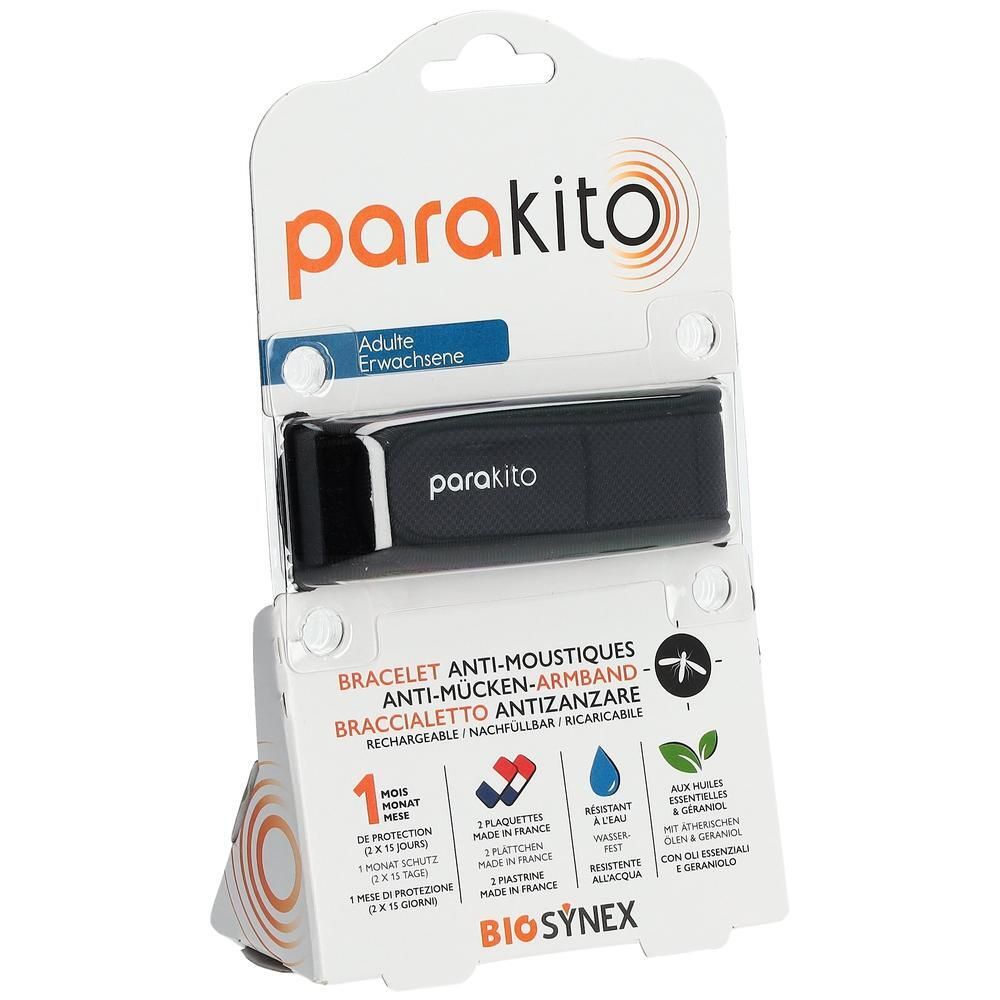PARA'KITO Armband für Erwachsene, schwarz, in Verpackung. Text: PARA'KITO, Anti-Mücken-Armband, 1 Monat Schutz, BIO'SYNEX.