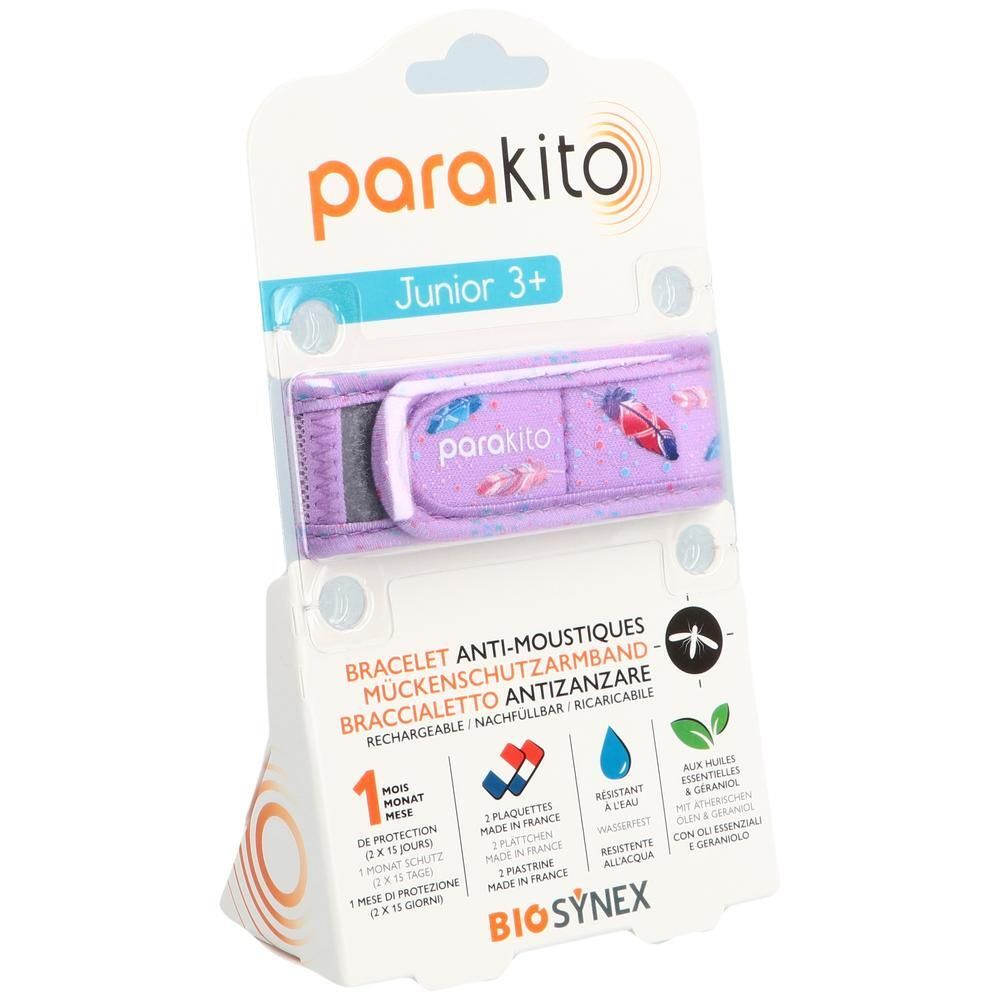 Armband mit Feder-Design. Lila Armband mit Klettverschluss in Verpackung. Marke: Parakito. Text: Junior 3+ und Anti-Moustiques.