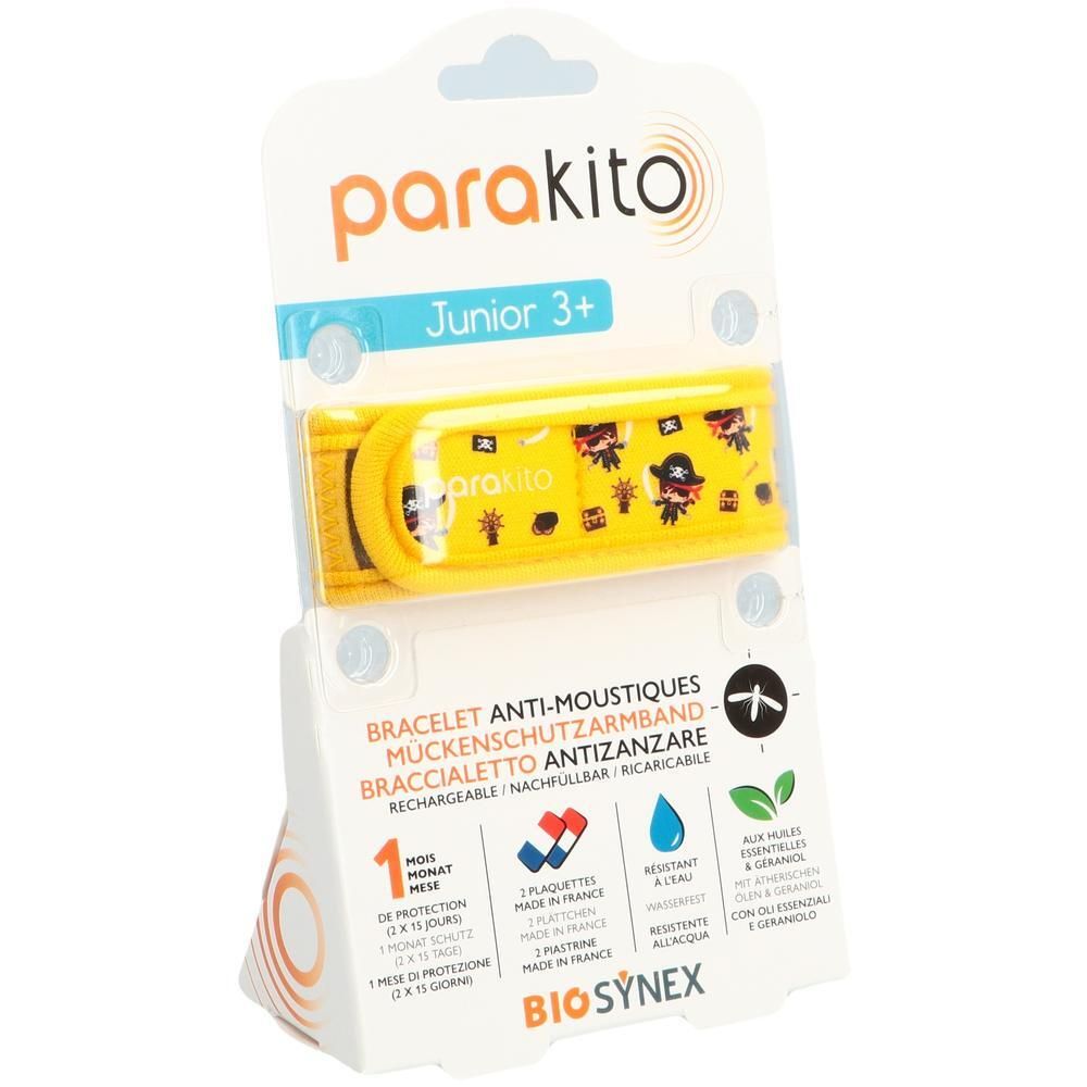 Gelbes Armband mit Piratenmuster in Blisterverpackung. Text: parakito, Junior 3+. Auf der Verpackung: Anti-Mücken-Armband, 1 Monat Schutz.