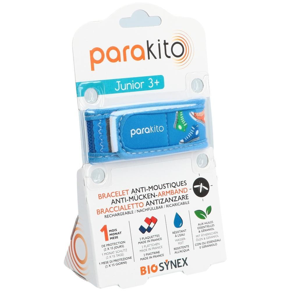 Blaues Armband in Verpackung. Aufschrift "parakito Junior 3+". Text: "BRACELET ANTI-MOUSTIQUES-ARM-BAND".