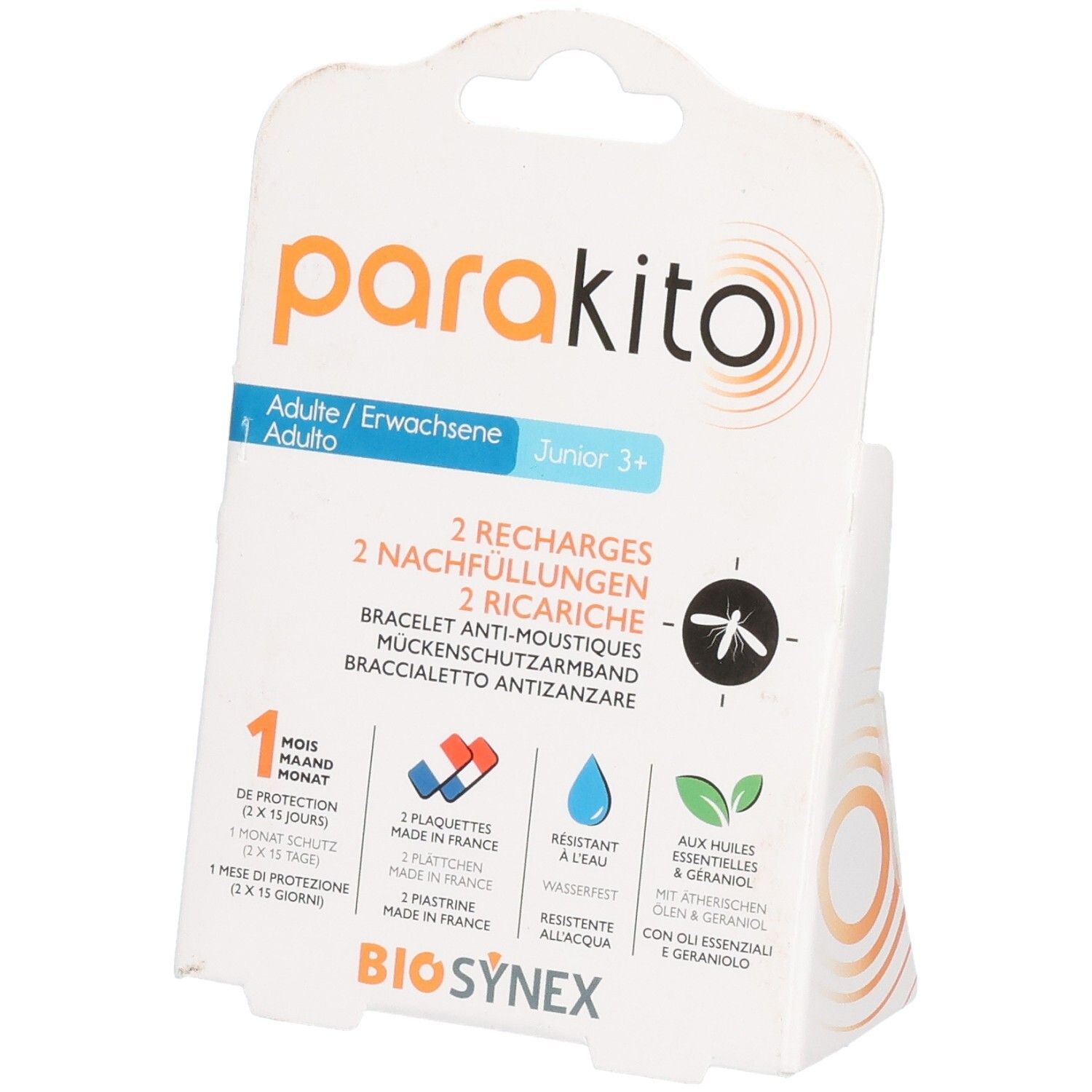 Verpackung für Parakito Nachfüllungen für Mückenschutzarmband, 2 Stück.