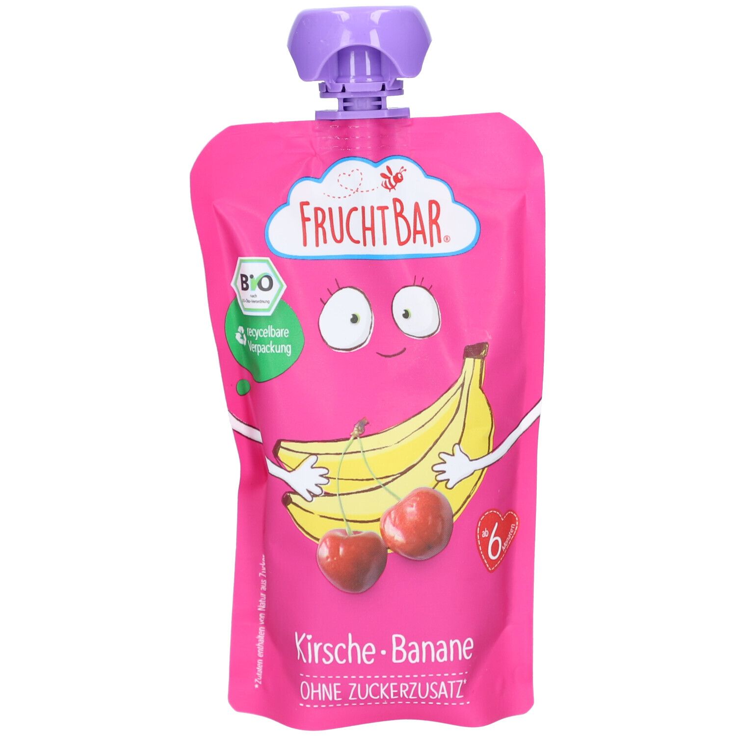 Rosa Quetschbeutel mit Kirsche-Banane-Motiv. Aufdruck: FRUCHTBAR, Bio-Siegel, Kirsche-Banane, ab 6 Monaten.