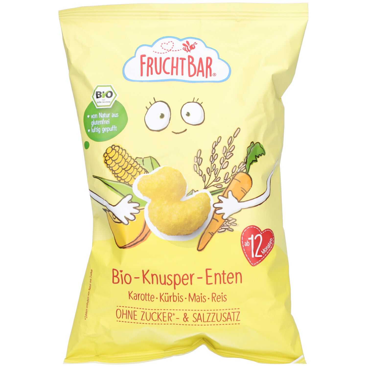 Gelbe Tüte mit "FRUCHTBAR" Logo. Bio-Knusper-Enten mit Karotte, Kürbis, Mais, Reis. Ohne Zucker- & Salzzusatz. Bio-Siegel.