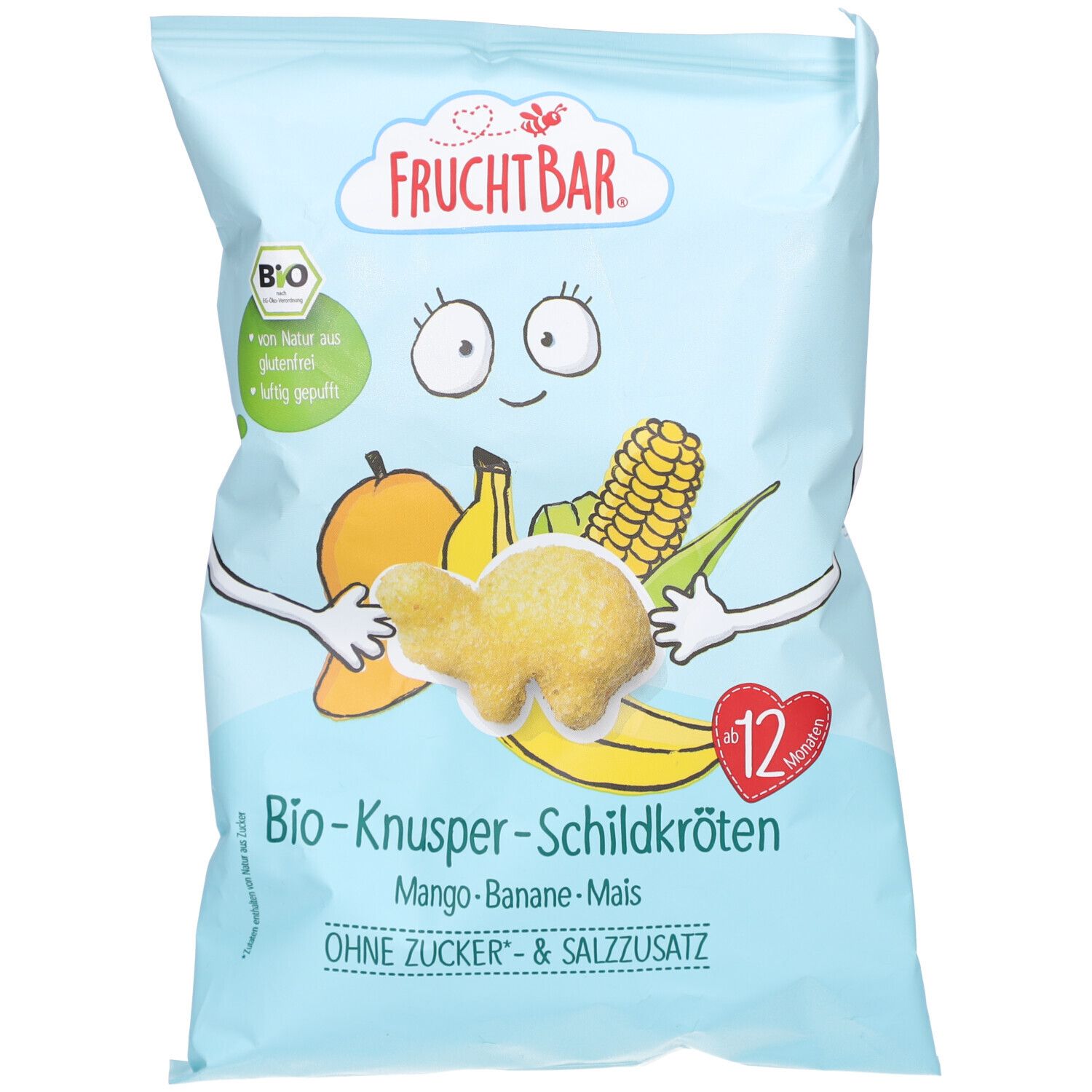 Hellblaue Tüte mit Produktabbildung und Schriftzug FRUCHTBAR. Aufdruck: Bio-Knusper-Schildkröten, Mango-Banane-Mais, ohne Zucker- & Salzzusatz.