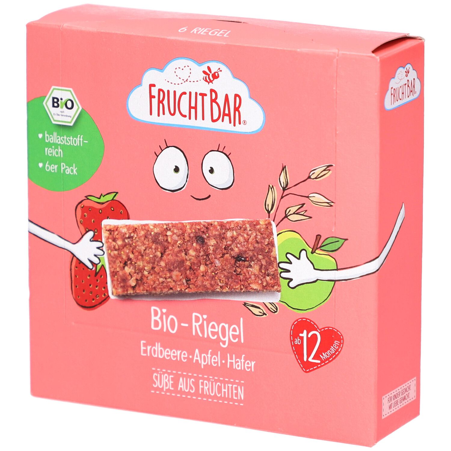 Rosa Karton mit FRUCHTBAR-Logo und Bio-Riegel-Abbildung. Text: Bio-Riegel Erdbeere-Apfel-Hafer, 6er Pack.