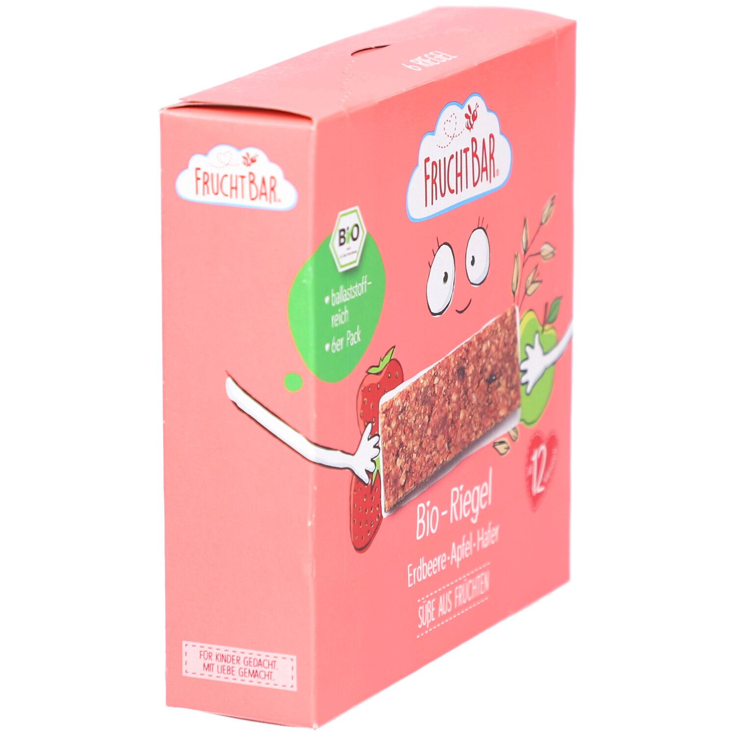 Schrägansicht einer rosa FRUCHTBAR-Verpackung. Logo und Abbildung eines Bio-Riegels. Text: Bio-Riegel Erdbeere-Apfel-Hafer.