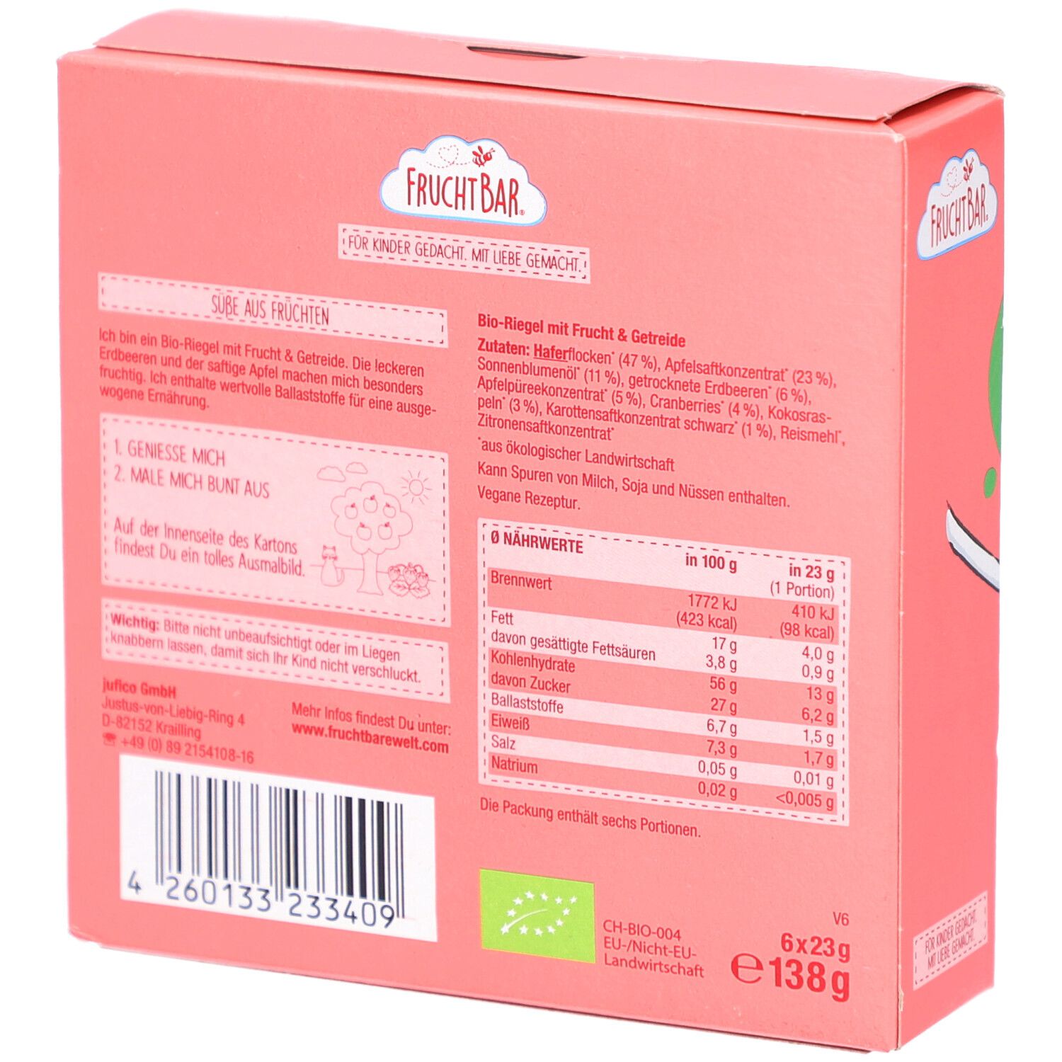Rückseite der FRUCHTBAR-Verpackung. Text: Zutaten, Nährwerte, Bio-Siegel, 6x23g, E138g. Enthält Informationen.