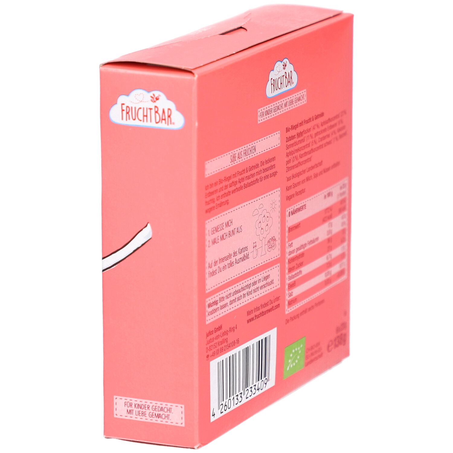 Rückseite der FRUCHTBAR-Verpackung. Text: Informationen zu Inhaltsstoffen und Nährwerten. Bio-Siegel und Barcode.