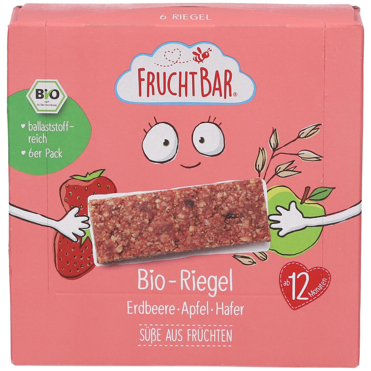 Vorderseite der FRUCHTBAR-Verpackung. Logo, Abbildung eines Riegels, Erdbeere, Apfel. Text: Bio-Riegel, 6er Pack.