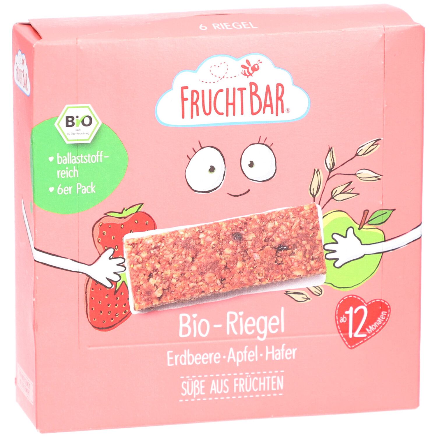 Vorderseite der FRUCHTBAR-Verpackung. Logo, Abbildung eines Riegels, Erdbeere, Apfel. Text: Bio-Riegel, 6er Pack.