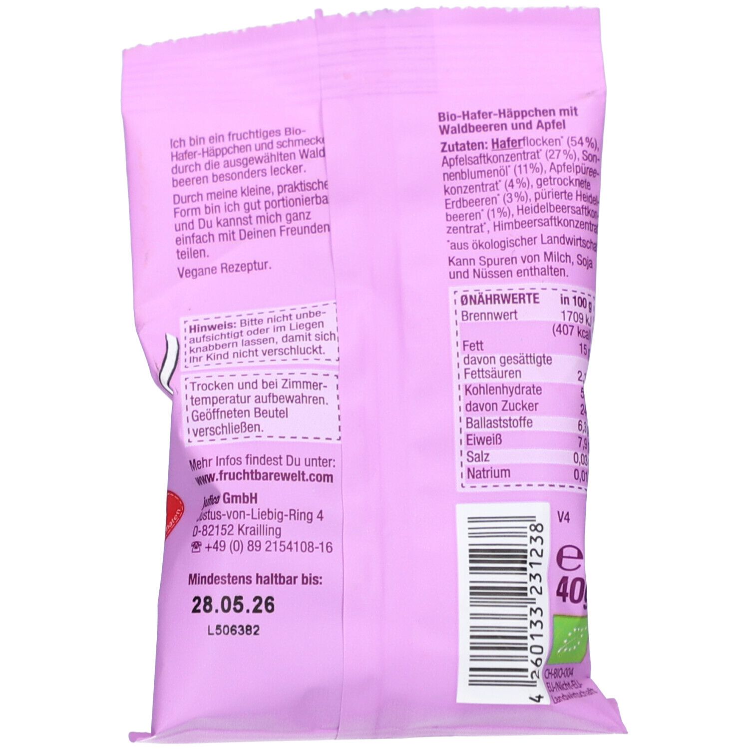 Rückseite der Verpackung. Text mit Zutaten, Nährwerten und Mindesthaltbarkeitsdatum. Bio-Siegel und 40g.