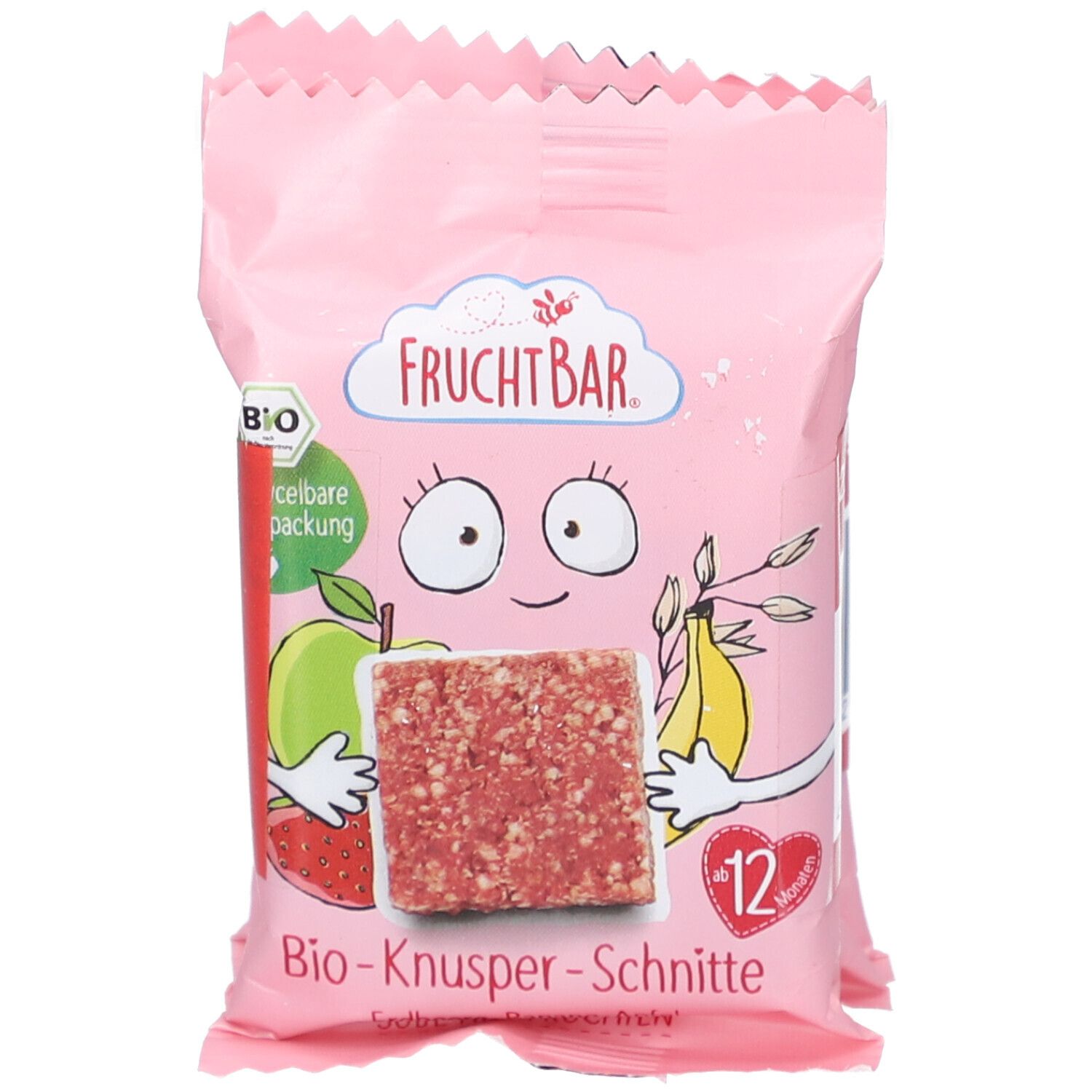 Rosa Verpackung mit "FRUCHTBAR"-Logo, Bio-Knusper-Schnitte, Erdbeere-Banane, ab 12 Monaten. Bio-Siegel.