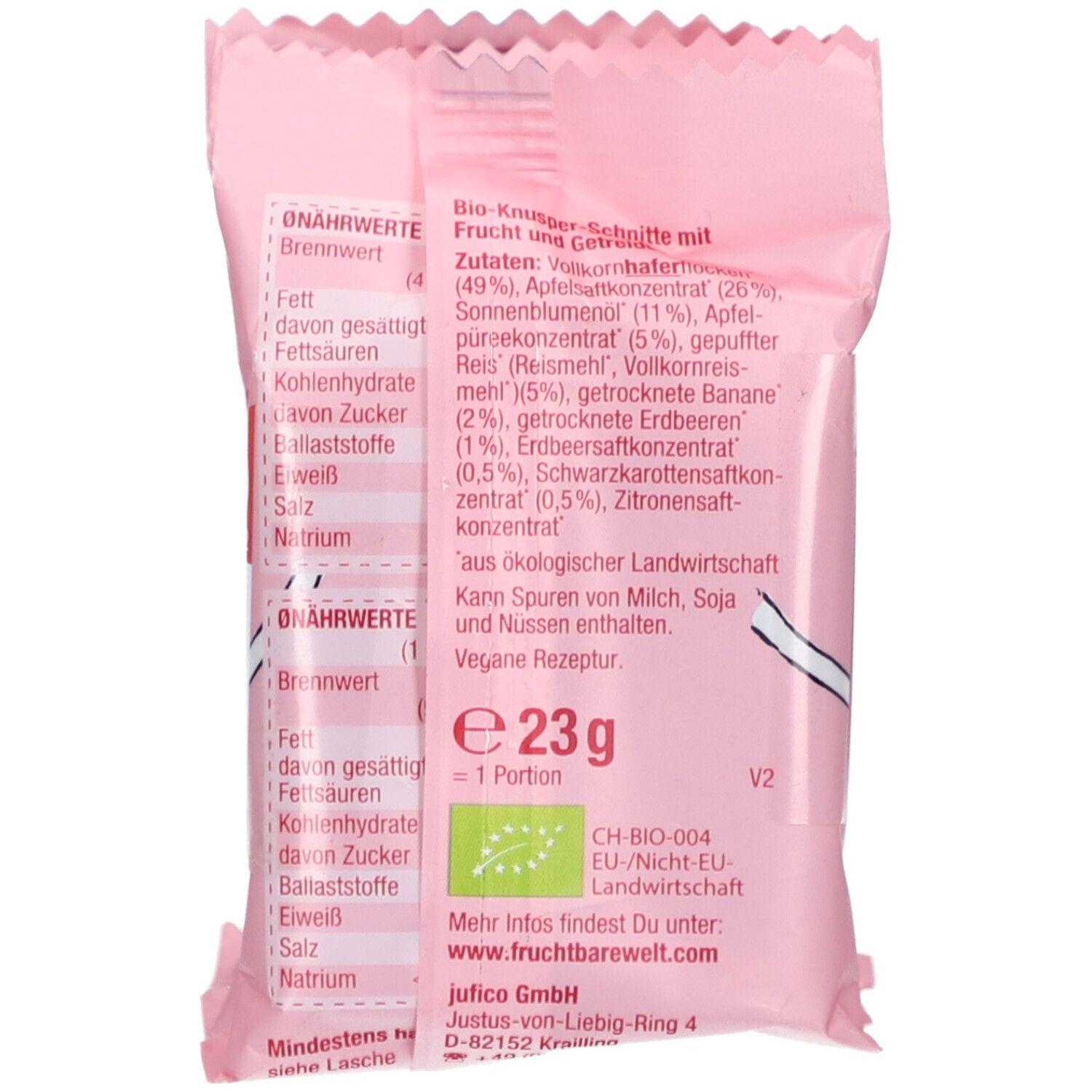 Rückseite der rosa Verpackung. Enthält Nährwertangaben, Zutatenliste, Bio-Siegel und "e 23g" für eine Portion.