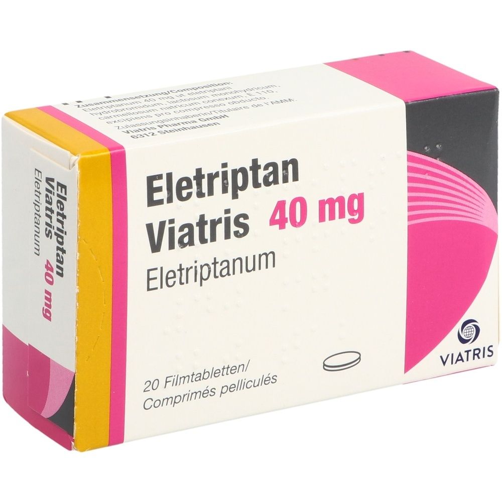 Schachtel mit Eletriptan Viatris 40 mg Filmtabletten. Aufschrift: 20 Filmtabletten. Rosa und gelbe Akzente. Viatris Logo.