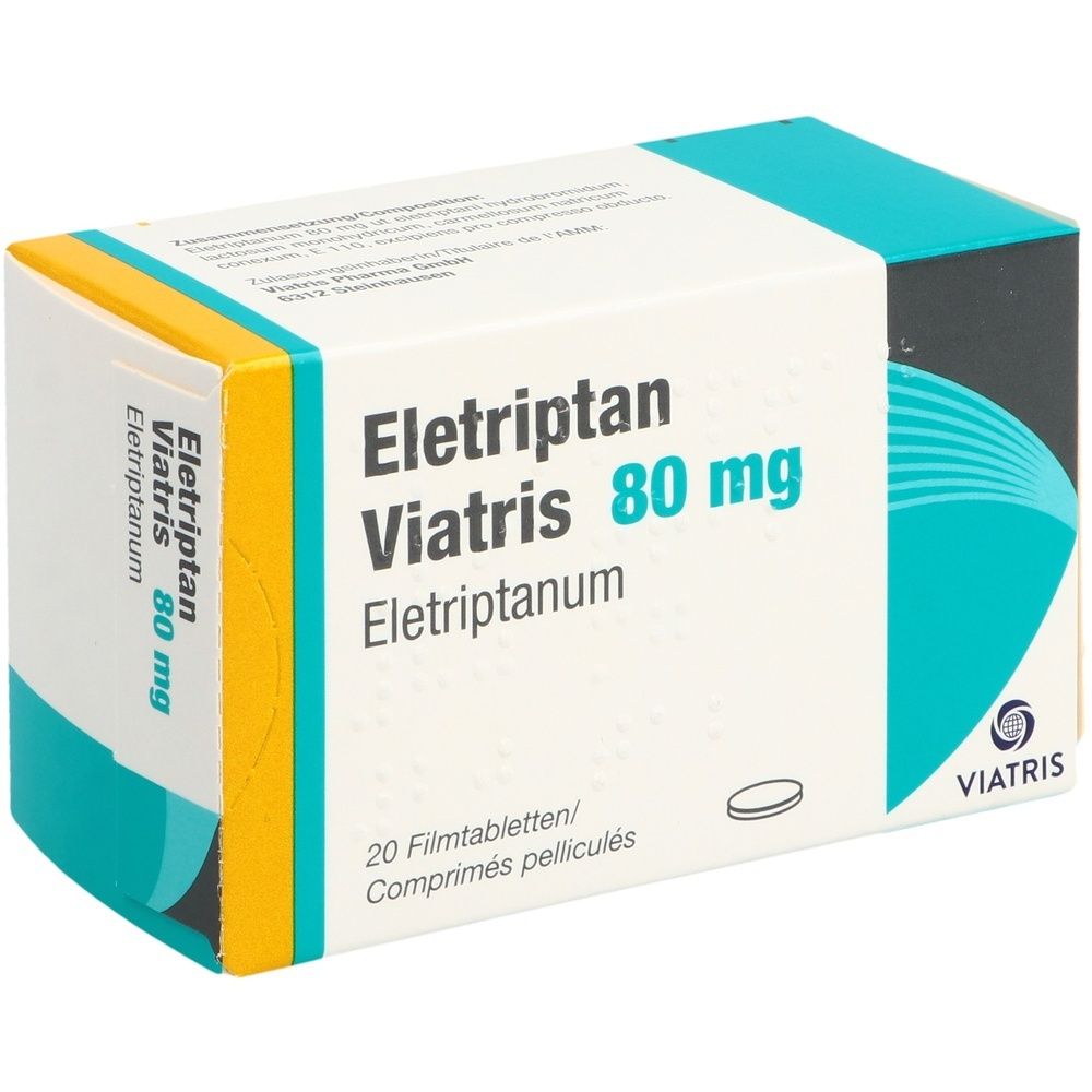 Karton von Eletriptan Viatris 80 mg. Aufschrift: Eletriptan, Viatris, 80 mg, 20 Filmtabletten. Logo von Viatris.