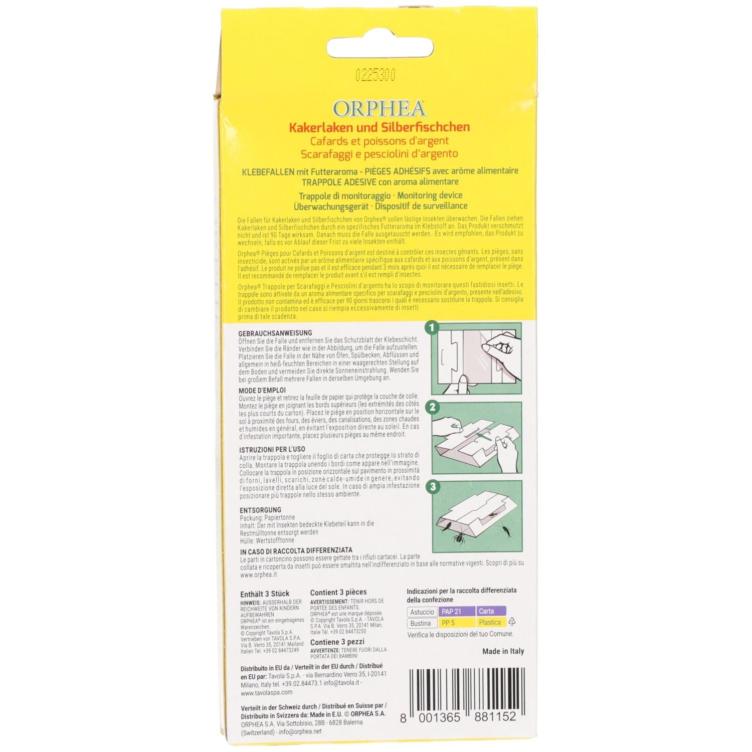 Rückseite der Verpackung mit 3 Klebefallen. Enthält Gebrauchsanweisungen und Produktinformationen in mehreren Sprachen.