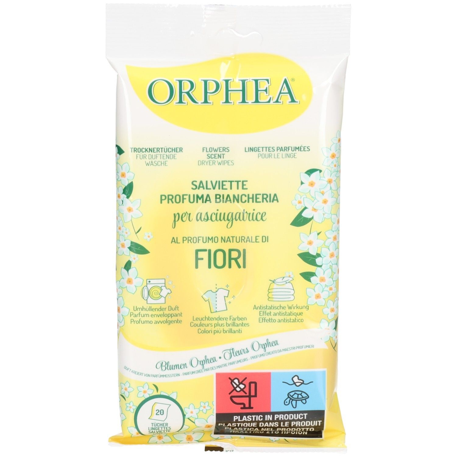 Orphea Trocknertücher mit Blumen Duft. Packung mit 20 Stück.