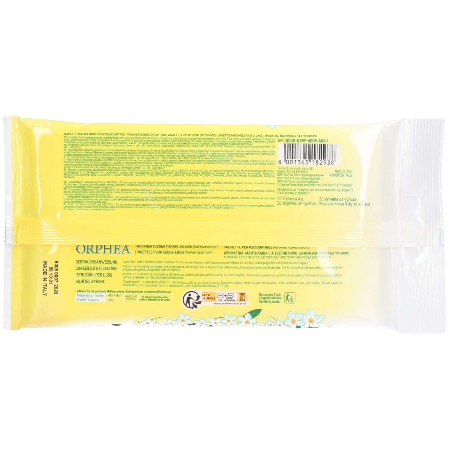 Rückseite der Orphea Trocknertücher Packung mit Produktinformationen und Siegeln.