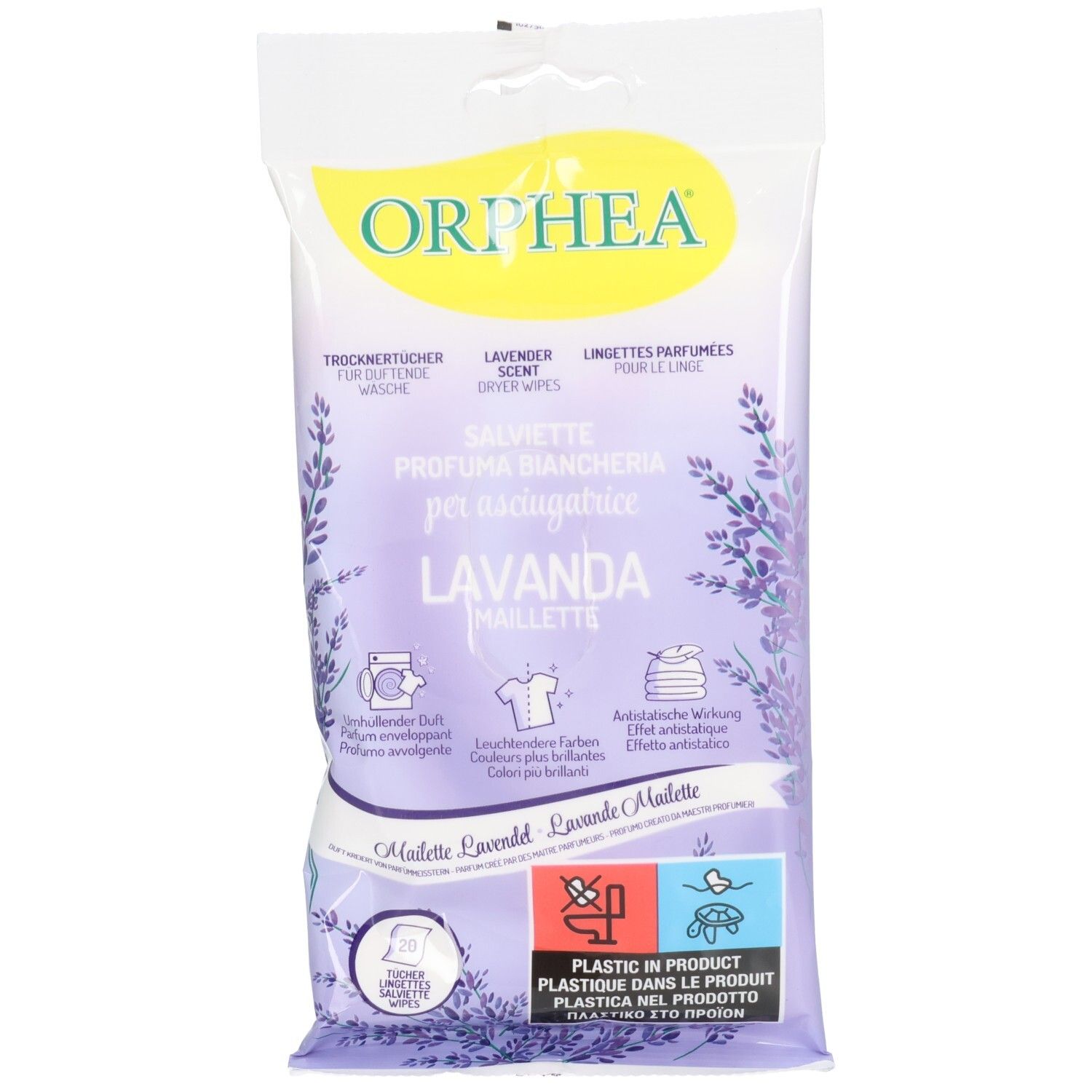 Orphea Lavendel Trocknertücher für Wäsche. Packung mit Duft und Lavendelmotiv.