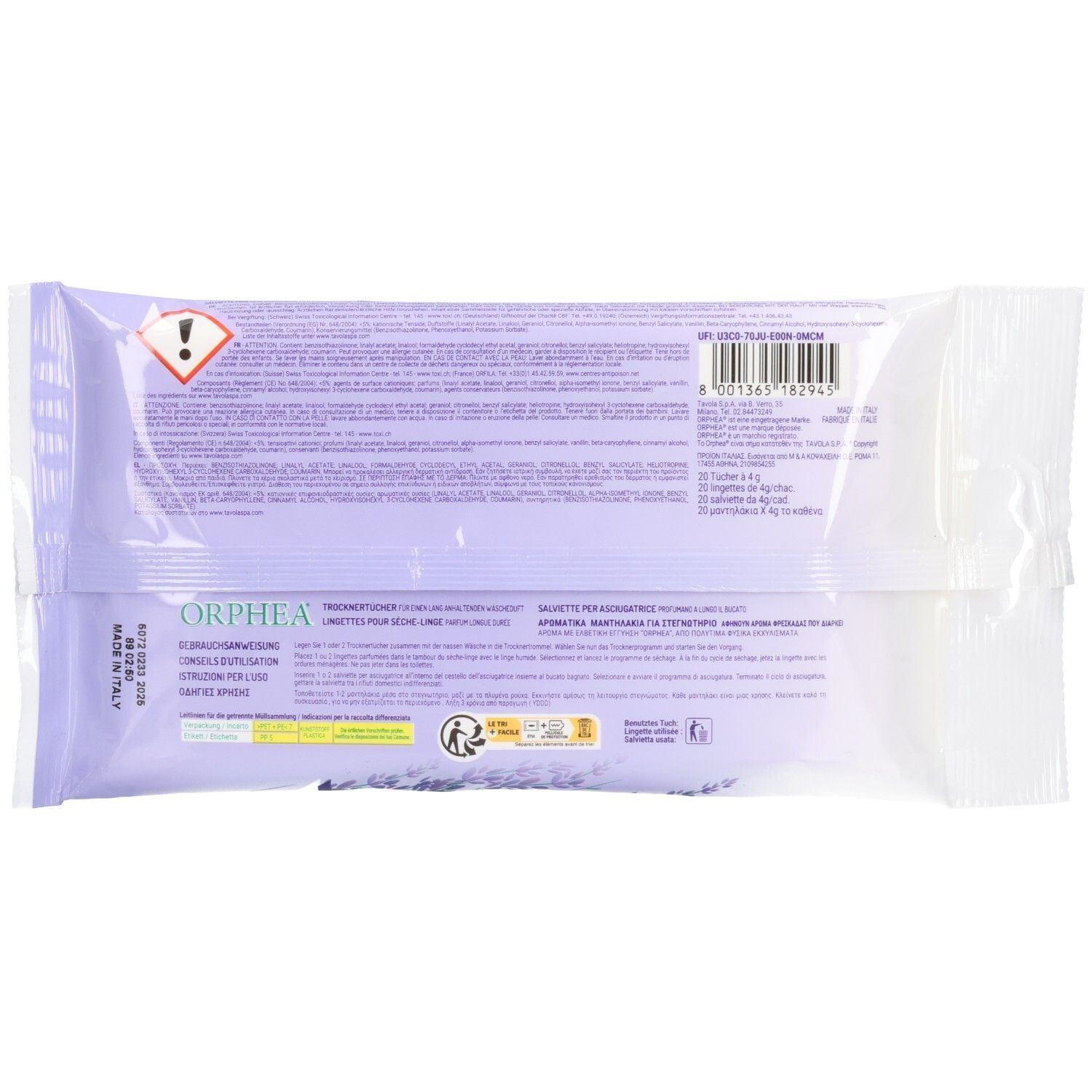 Rückseite der Orphea Lavendel Trocknertücher-Packung mit Warnhinweisen und Produktinformationen.