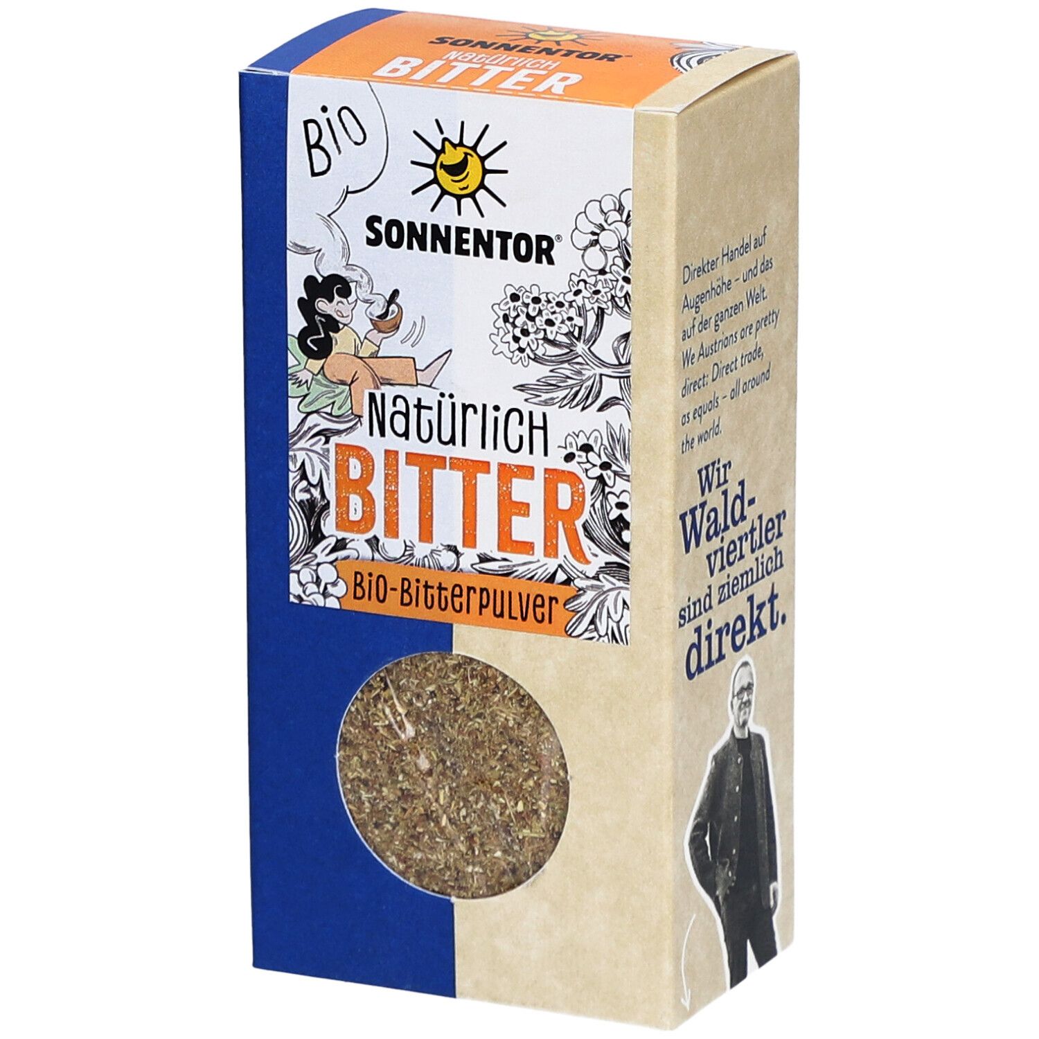 Karton mit 'Natürlich BITTER bio' von SONNENTOR. Sichtfenster mit Kräutermischung. BIO-Siegel. Illustrationen und Text auf Verpackung.