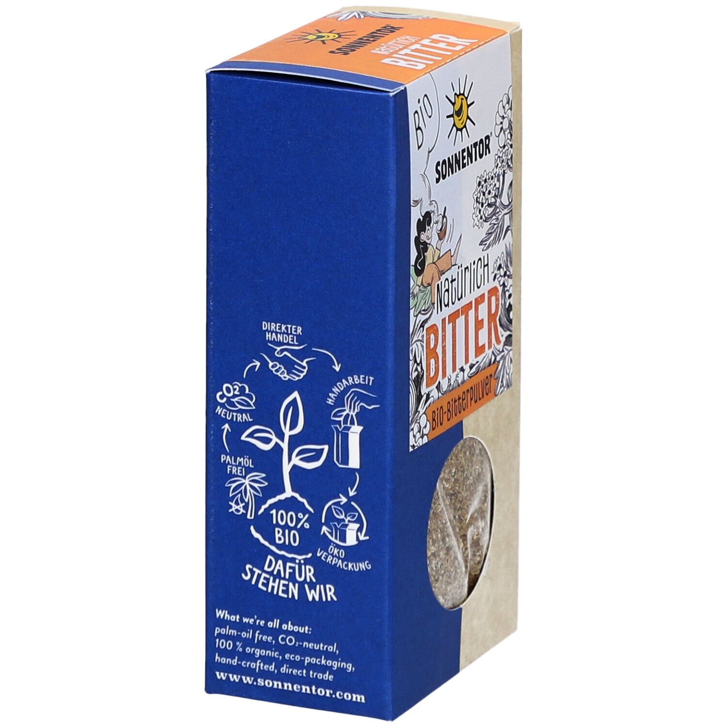 Blaue Seite der 'Natürlich BITTER bio' Verpackung. Text über nachhaltige Praktiken. Sichtfenster mit Kräutermischung. SONNENTOR Logo.