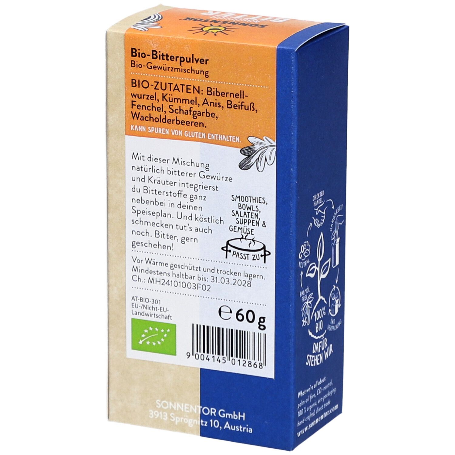 Rückseite der 'Natürlich BITTER bio' Verpackung. Zutatenliste, Mindesthaltbarkeitsdatum, BIO-Siegel. 60g. SONNENTOR GmbH.