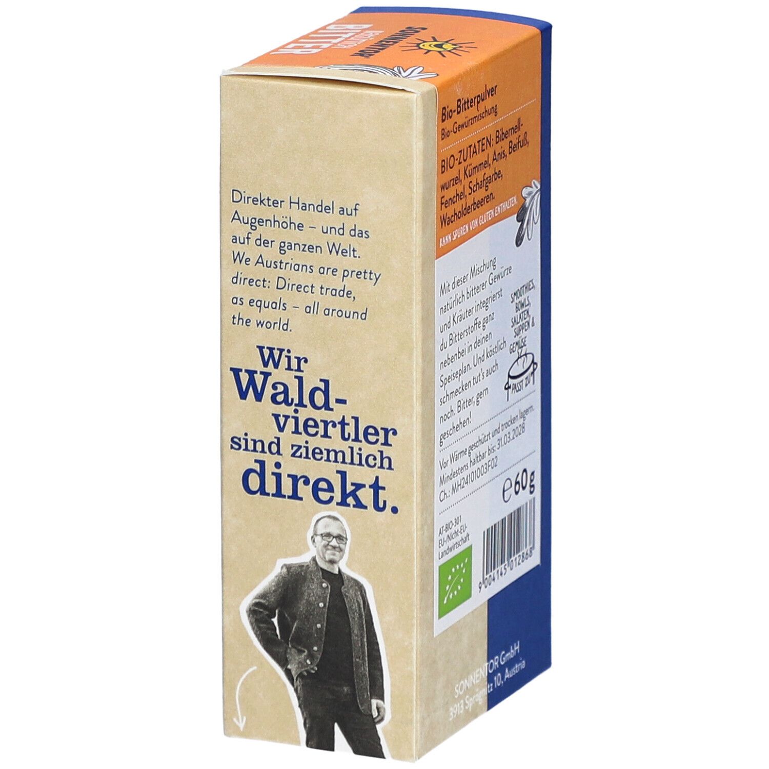 Rückseite der 'Natürlich BITTER bio' Verpackung. Text über Direkt-Handel. BIO-Siegel. 60g. SONNENTOR GmbH.