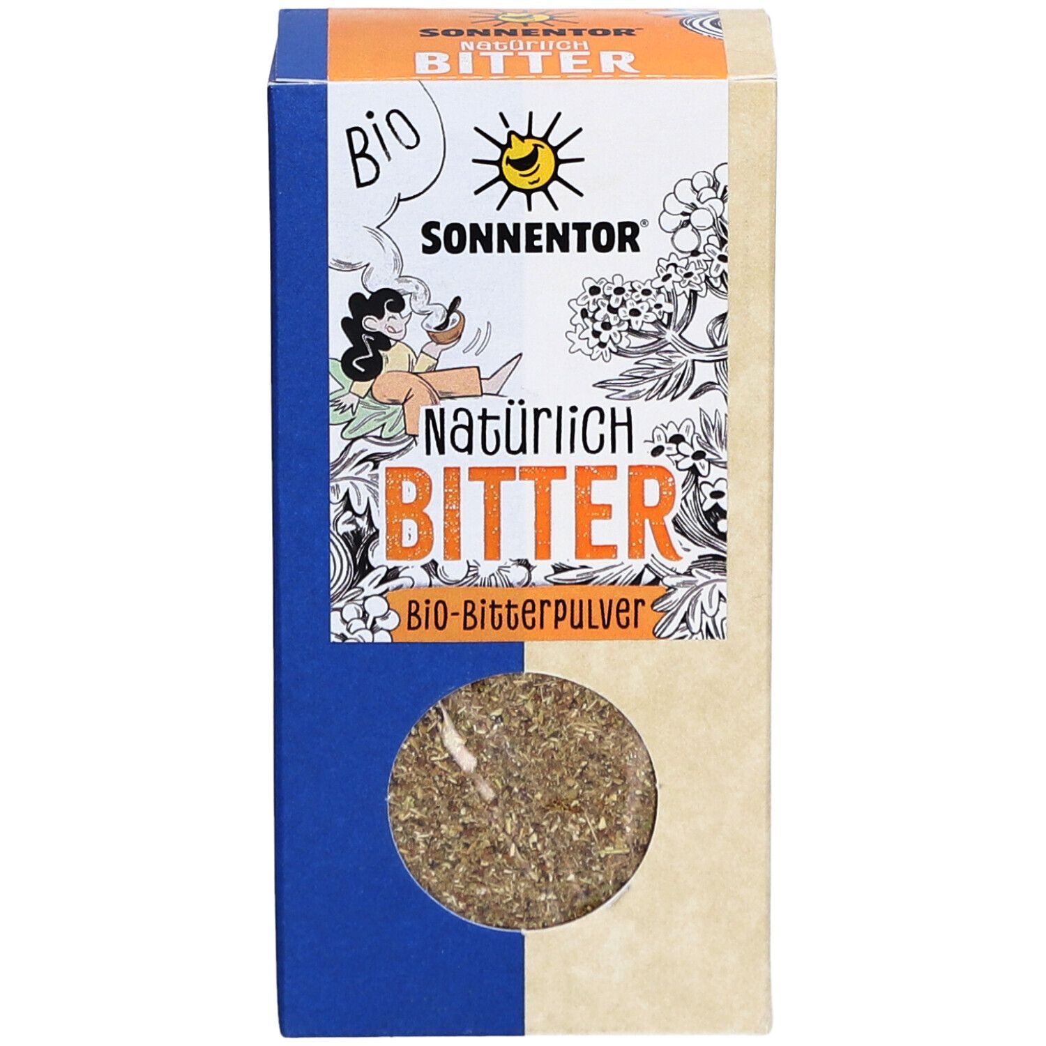 Vorderseite der 'Natürlich BITTER bio' Verpackung. Sichtfenster mit Kräutermischung. SONNENTOR Logo. BIO-Siegel.