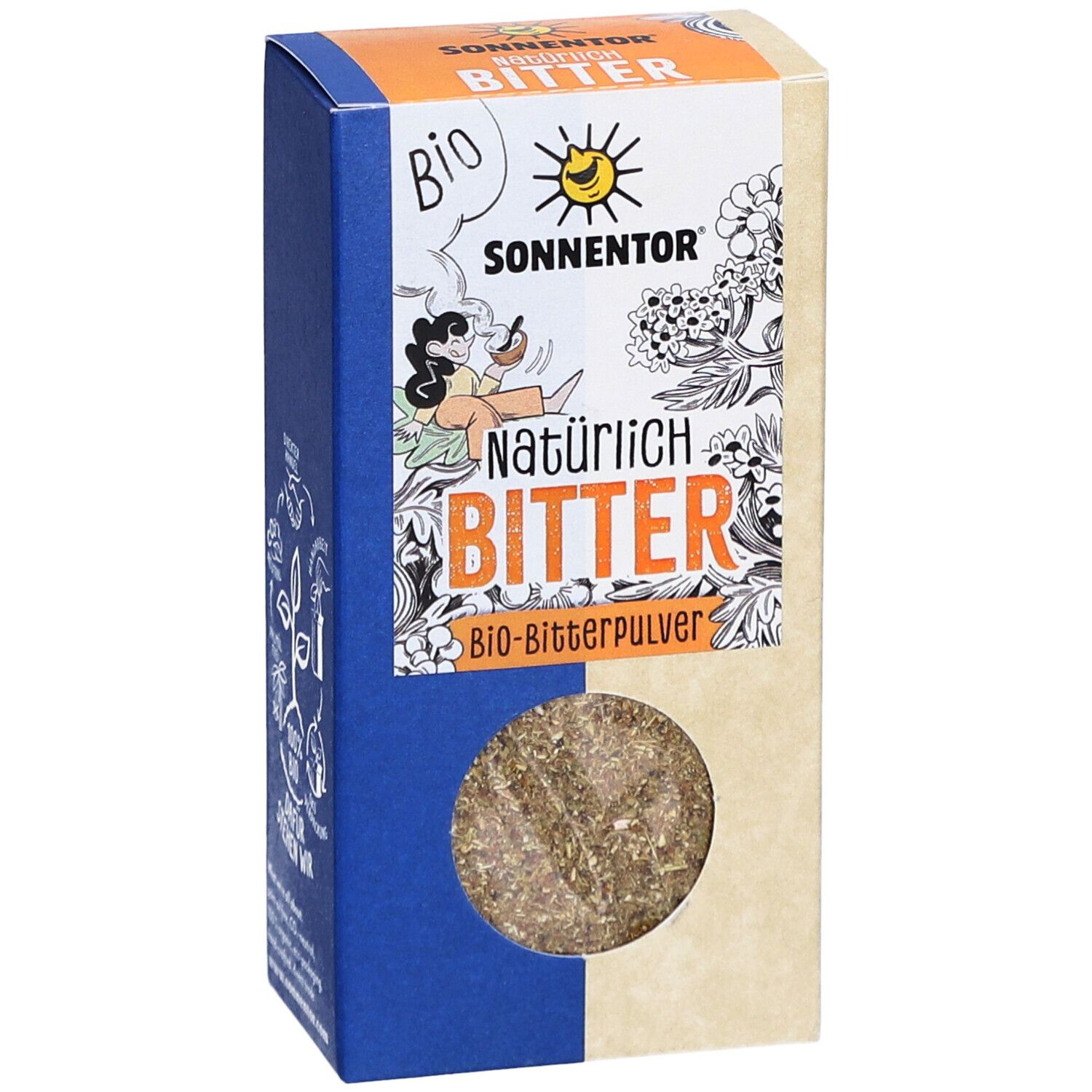 Schrägansicht der 'Natürlich BITTER bio' Verpackung. Sichtfenster mit Kräutermischung. SONNENTOR Logo. BIO-Siegel.