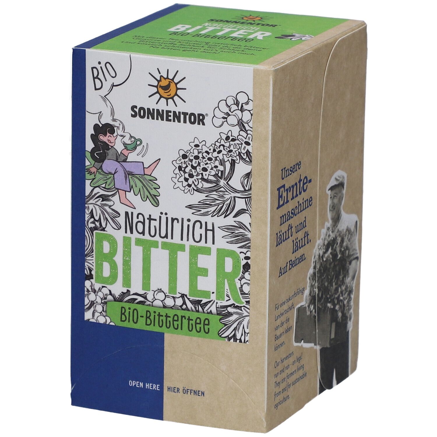 Boîte de thé "Natürlich Bitter" bio. Logo : soleil et femme buvant du thé. Vert, bleu et marron.