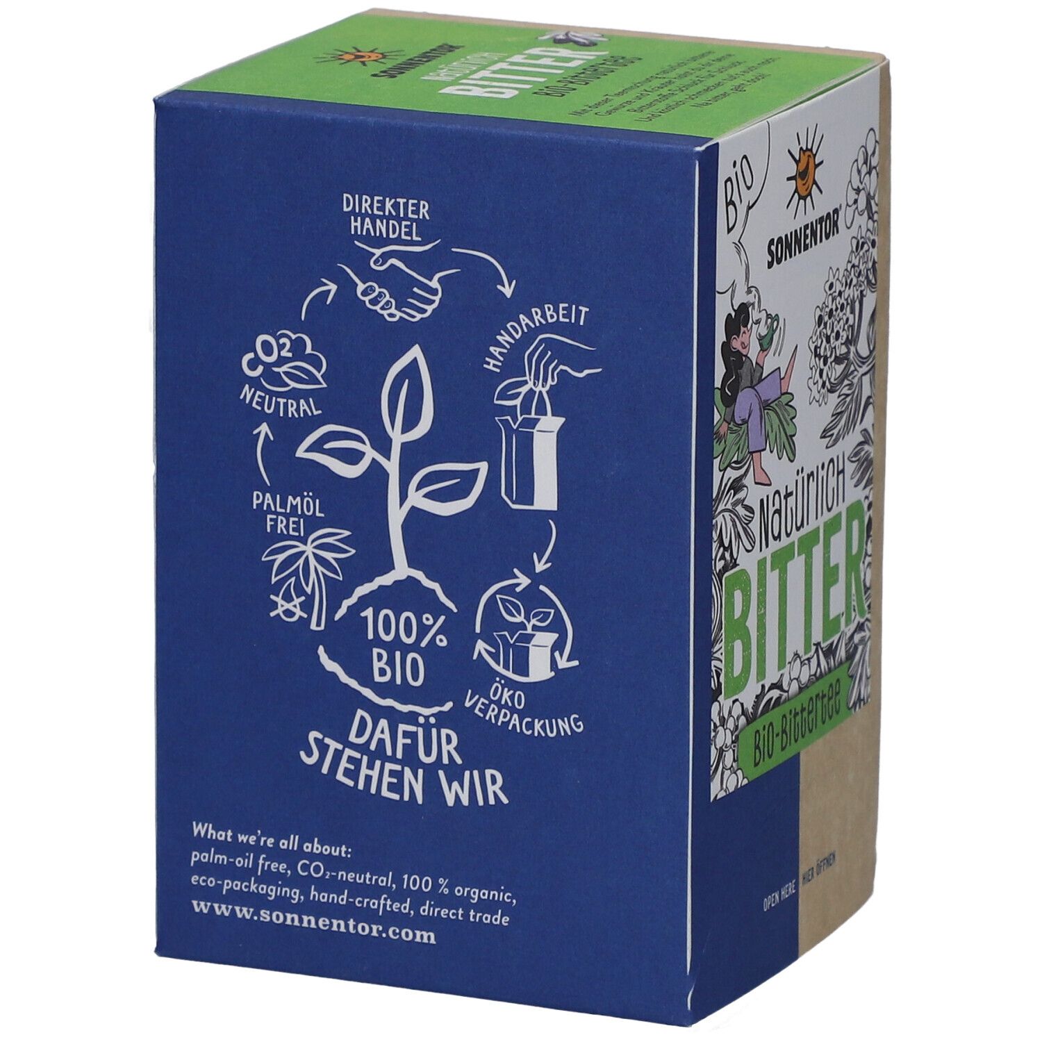 Boîte de thé "Natürlich Bitter" bio. Diagrammes sur le développement durable. Bleu, vert et marron.