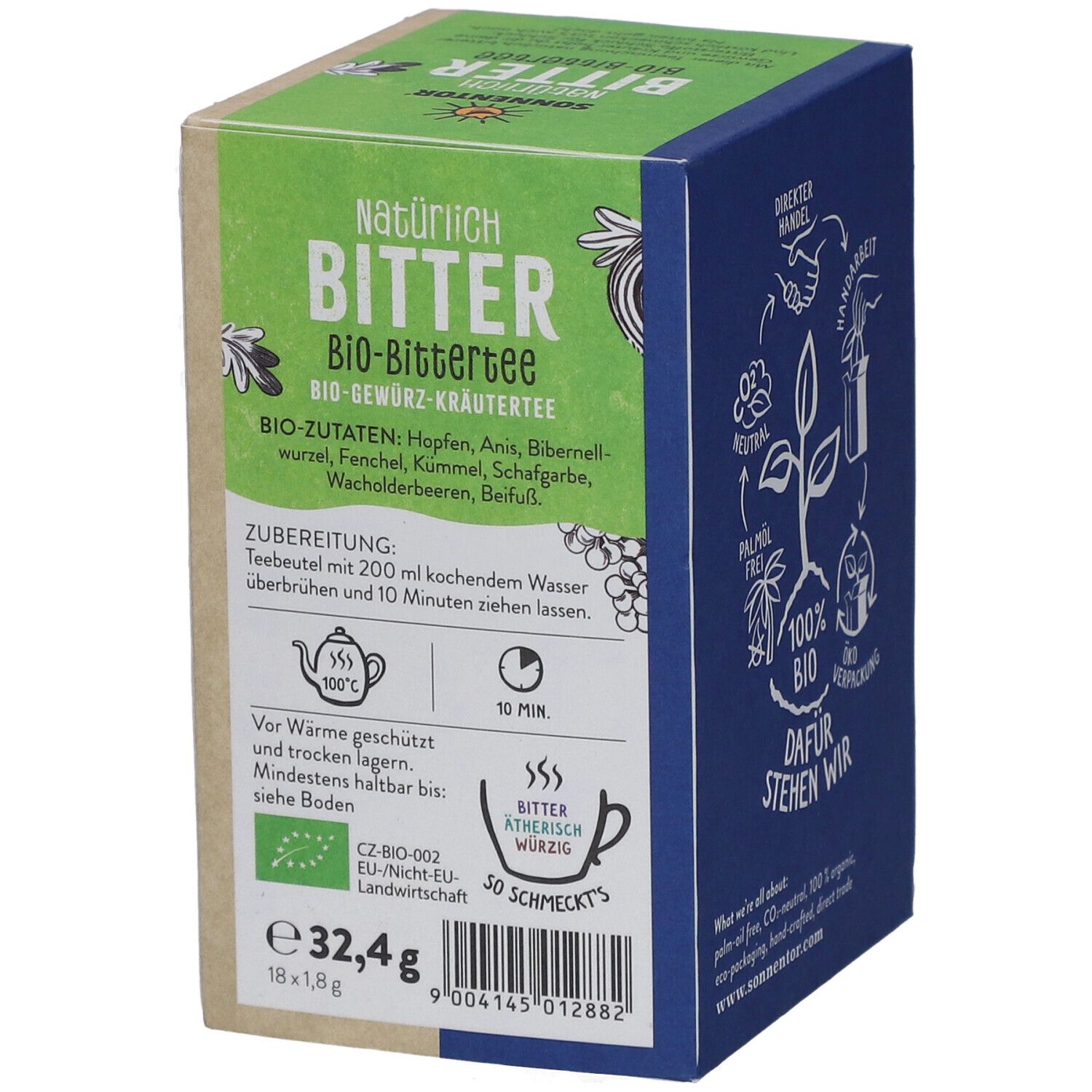 Boîte de thé "Natürlich Bitter" bio. Liste des ingrédients, instructions. Vert, bleu et marron.