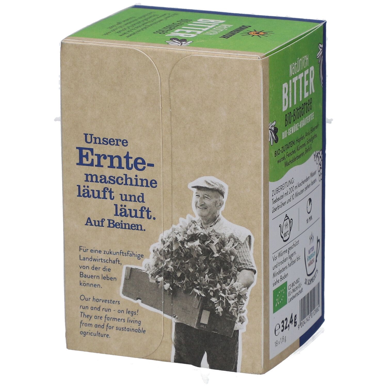 Boîte de thé "Natürlich Bitter" bio. Image d'un homme avec récolte. Vert, bleu et marron.