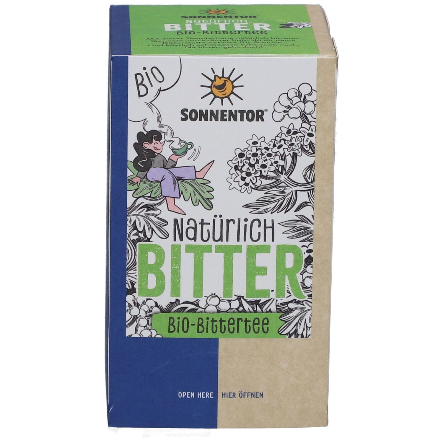 Boîte de thé "Natürlich Bitter" bio. Logo : soleil et femme buvant du thé. Vert, bleu et marron.