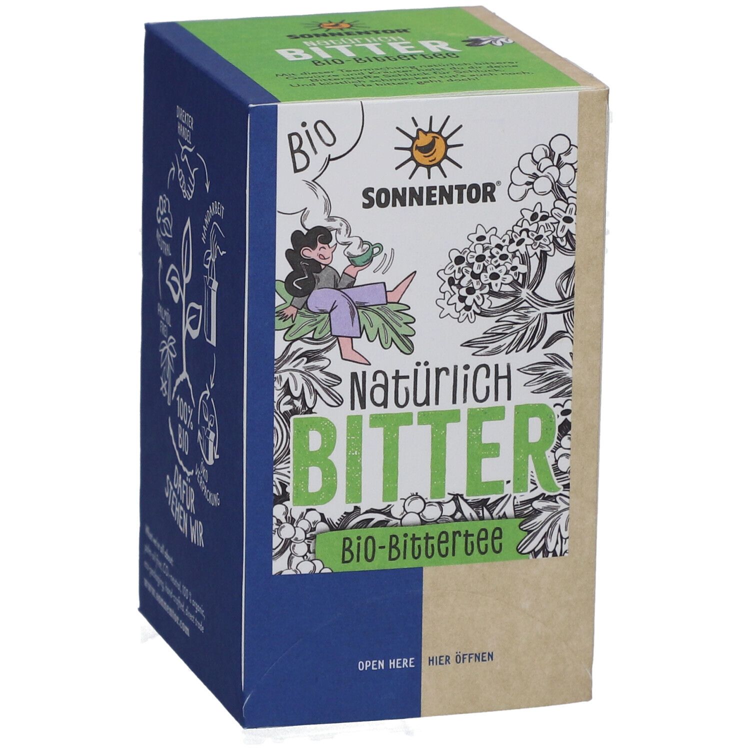 Boîte de thé "Natürlich Bitter" bio. Logo : soleil et femme buvant du thé. Vert, bleu et marron.