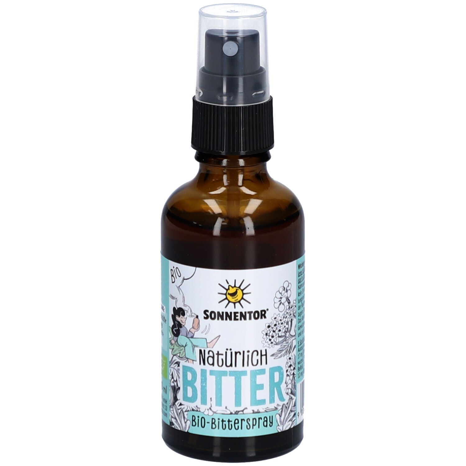 Flacon en verre brun avec vaporisateur. Inscription : Natürlich Bitter, Bio-Bitter Spray. Marque : Sonnentor. Illustrations florales.