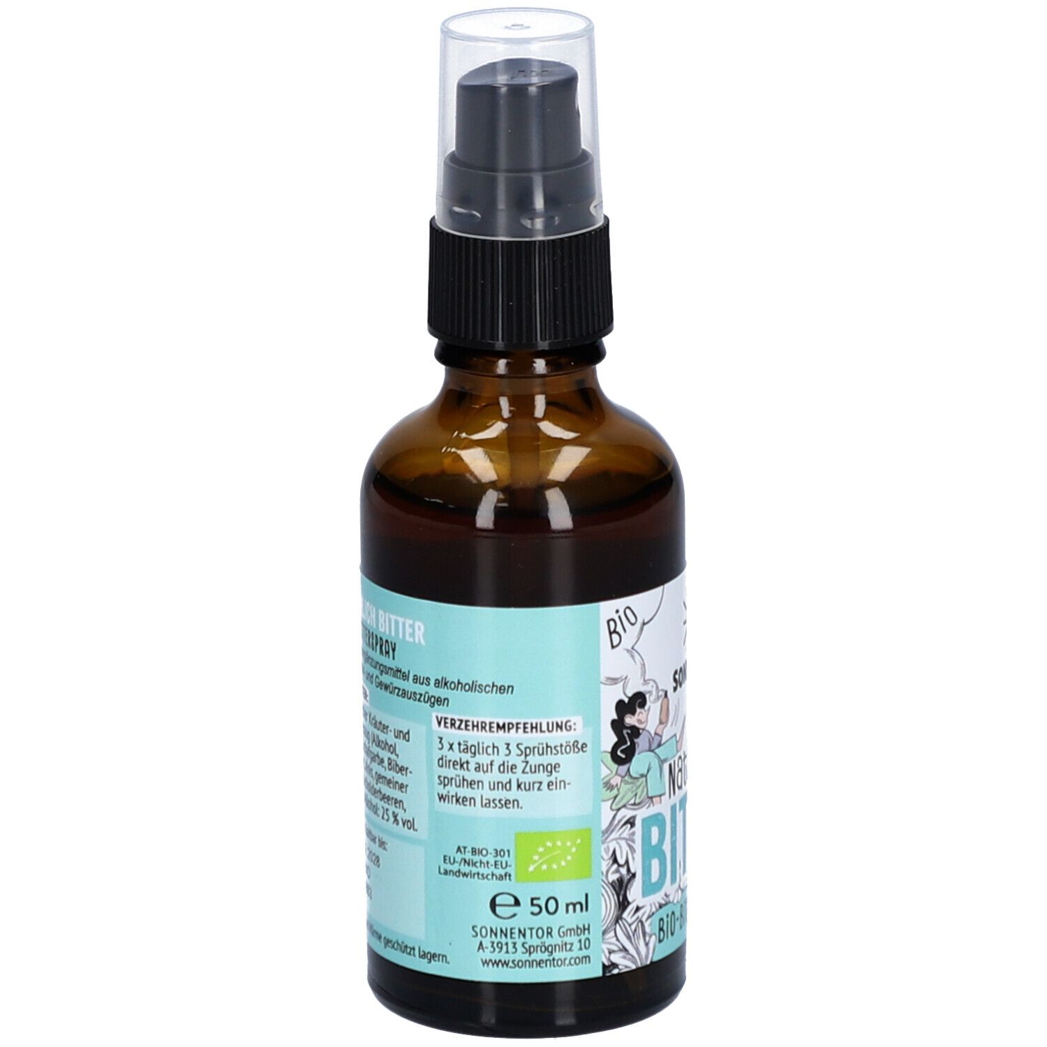 Flacon en verre brun avec vaporisateur. Inscription : Natürlich Bitter, Bio-Bitter Spray. Ingrédients et recommandations. Label bio.