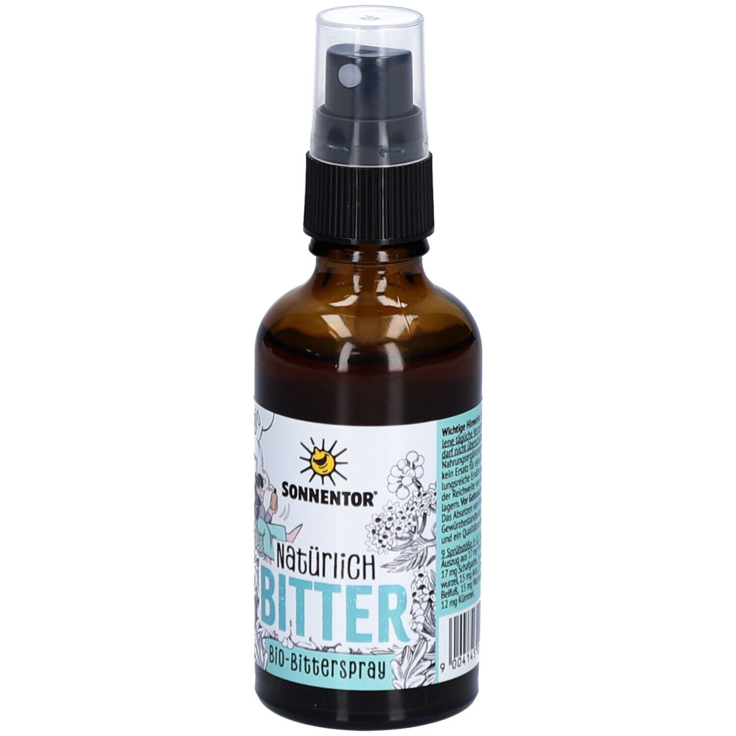 Flacon en verre brun avec vaporisateur. Inscription : Natürlich Bitter, Bio-Bitter Spray. Marque : Sonnentor. Avec informations sur les ingrédients.