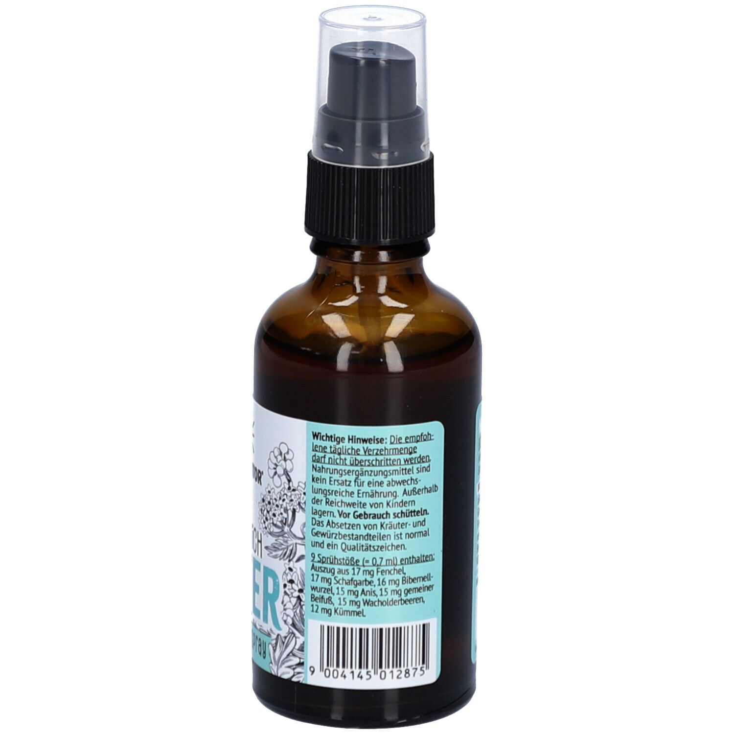 Flacon en verre brun avec vaporisateur. Inscription : Natürlich Bitter, Bio-Bitter Spray. Avec avertissements et informations sur les ingrédients.