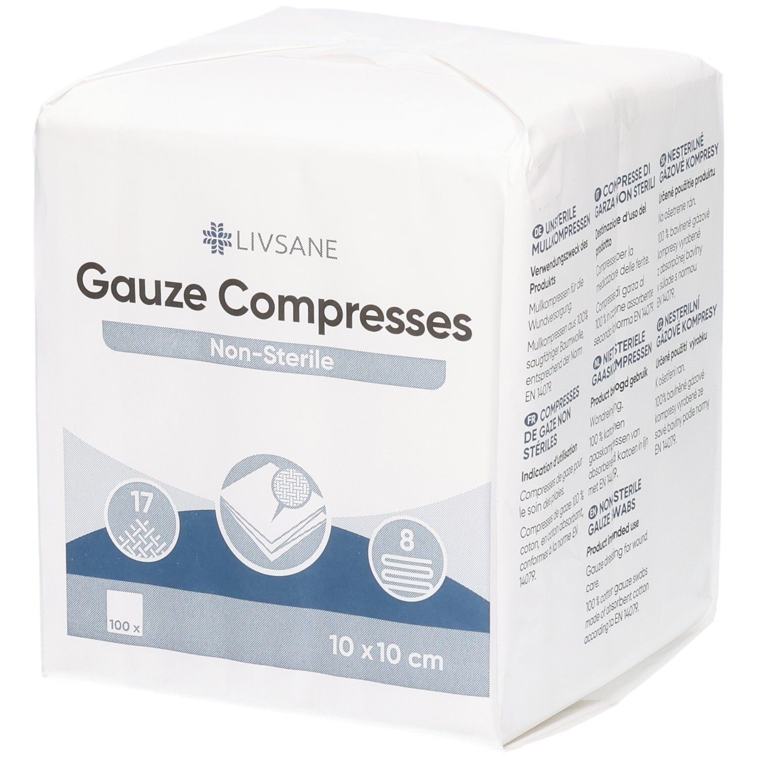 Verpackung LIVSANE Mullkompressen, 10x10 cm, nicht steril, 100 Stück.