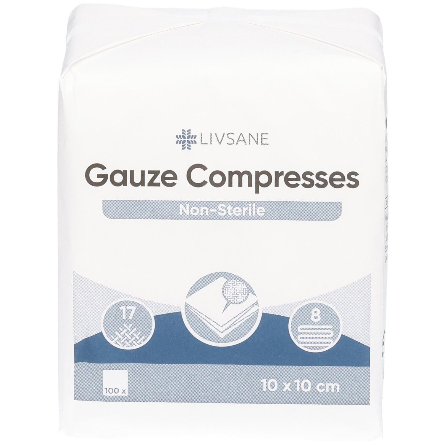 Verpackung LIVSANE Mullkompressen, 10x10 cm, nicht steril, 100 Stück.