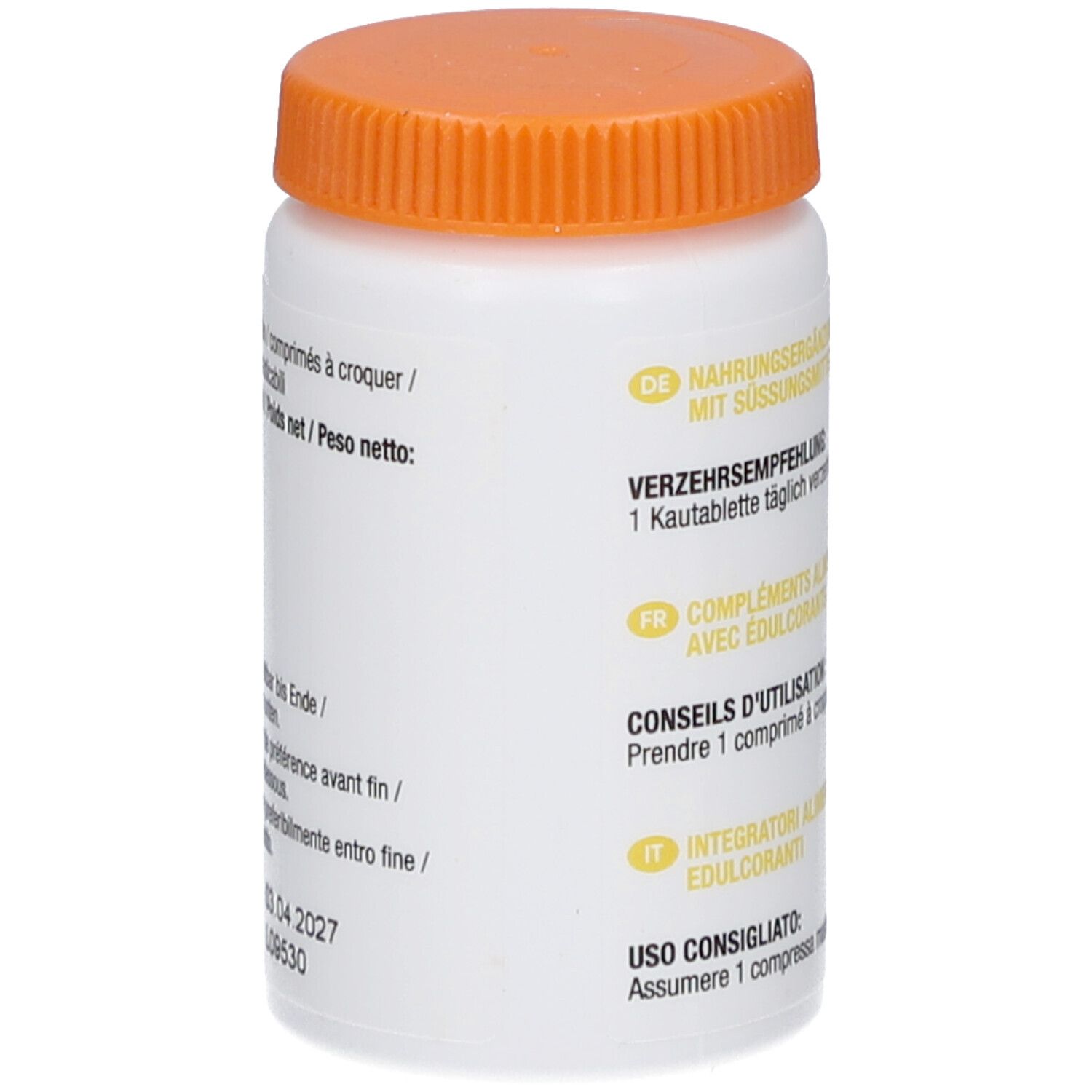 Weiße Flasche mit orangefarbenem Deckel. Text: Verzehrsempfehlung, 1 Kautablette täglich. Mindestens haltbar bis 04.2027.