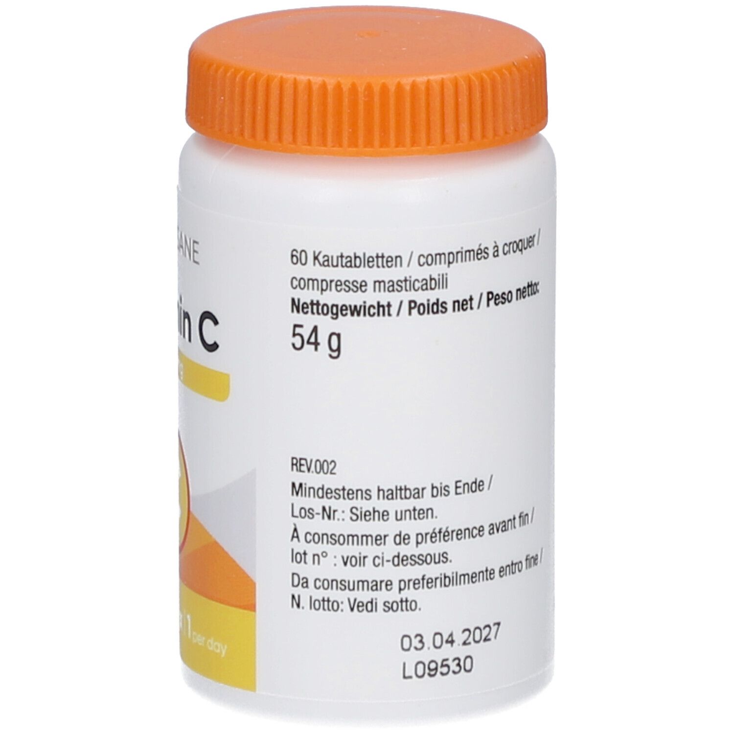 Weiße Flasche mit orangefarbenem Deckel. Text: 60 Kautabletten, Nettogewicht 54g. Mindestens haltbar bis 03.04.2027.