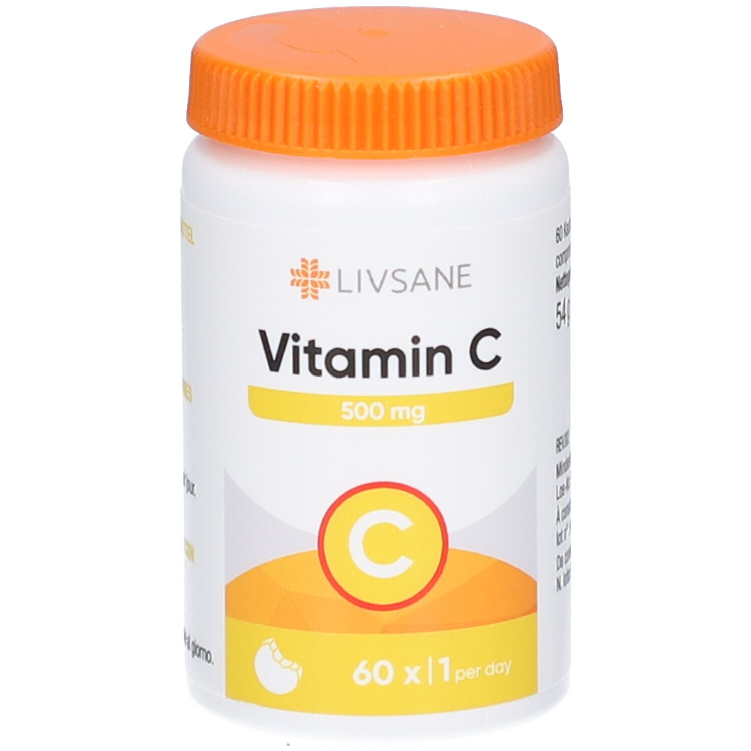 Weiße Flasche mit orangefarbenem Deckel. Text: Vitamin C 500 mg, 60 Tabletten, 1 pro Tag. Logo: C in Kreis.