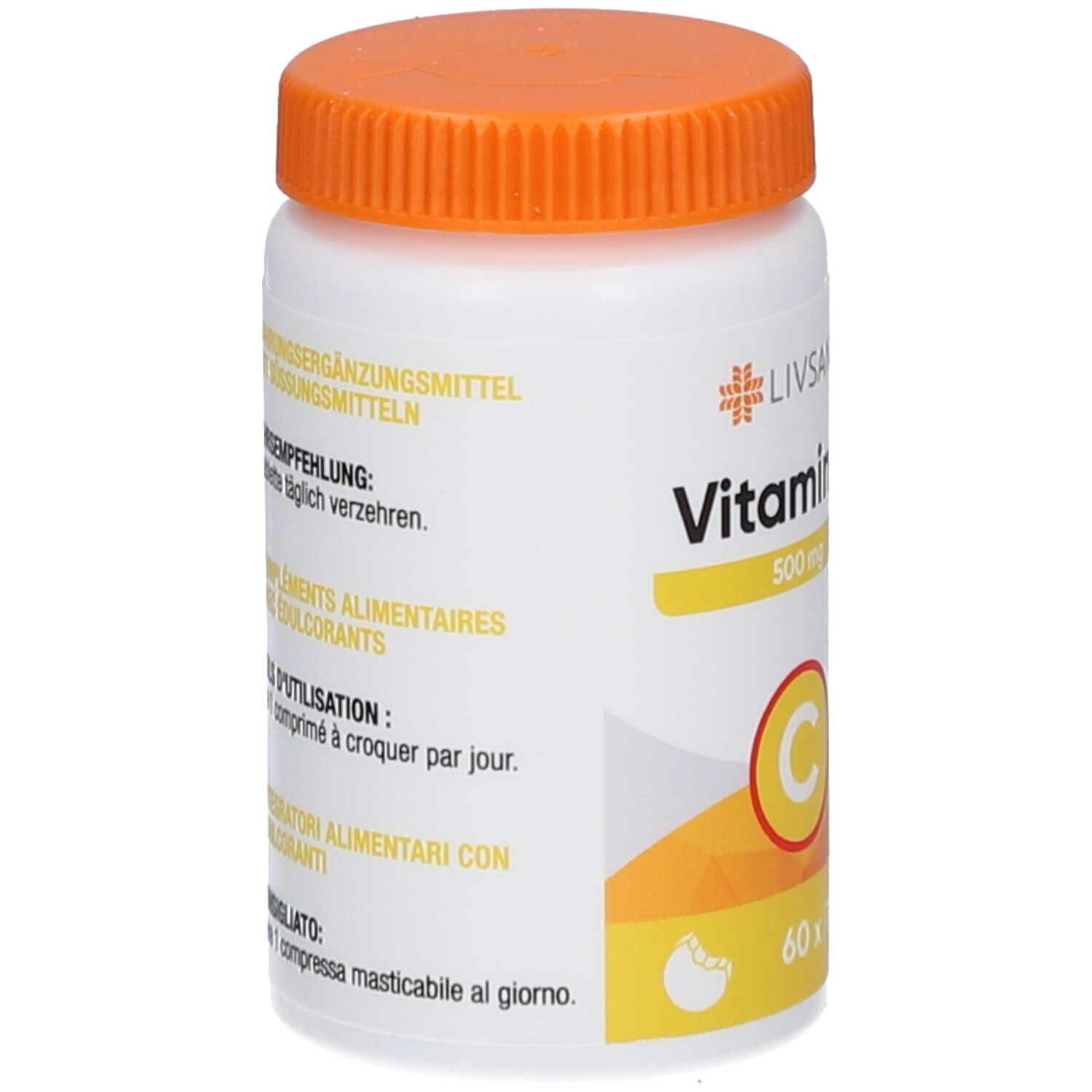Weiße Flasche mit orangefarbenem Deckel. Text: Vitamin C 500 mg, 60 Tabletten, 1 pro Tag. Logo: C in Kreis.
