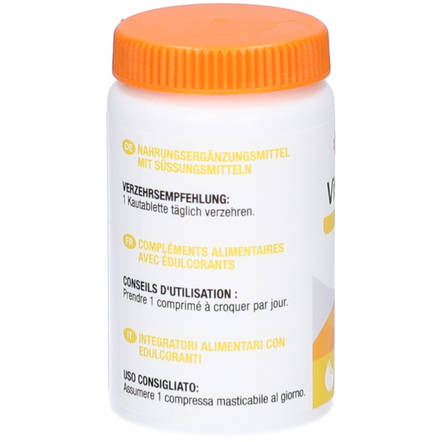 Weiße Flasche mit orangefarbenem Deckel. Text: Nahrungsergänzungsmittel, Verzehrsempfehlung, 1 Kautablette täglich.