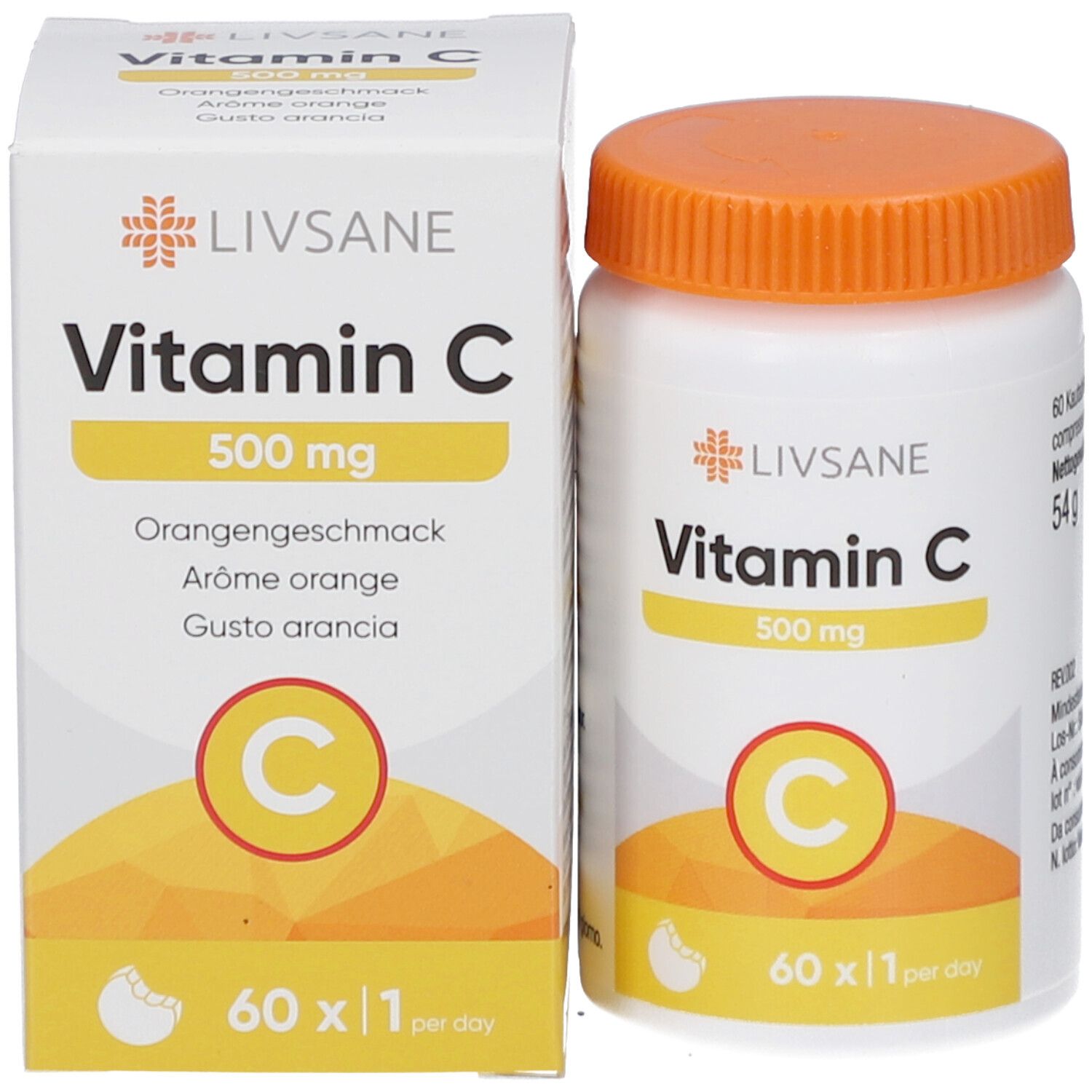 Produktverpackung und Flasche. Verpackung: Weiß, Text: Vitamin C 500 mg, Orangengeschmack. Flasche: Weiß, orangefarbener Deckel.